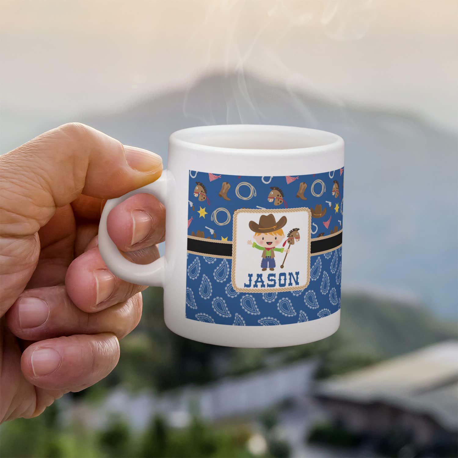 Personalized Blue Western Single Shot Espresso Cups - Set of 4 Handcrafted Ceramic Coffee Mugs for Home, Cafe & Gifts | Perfect for Espresso, Cappuccino & Latte Lovers
