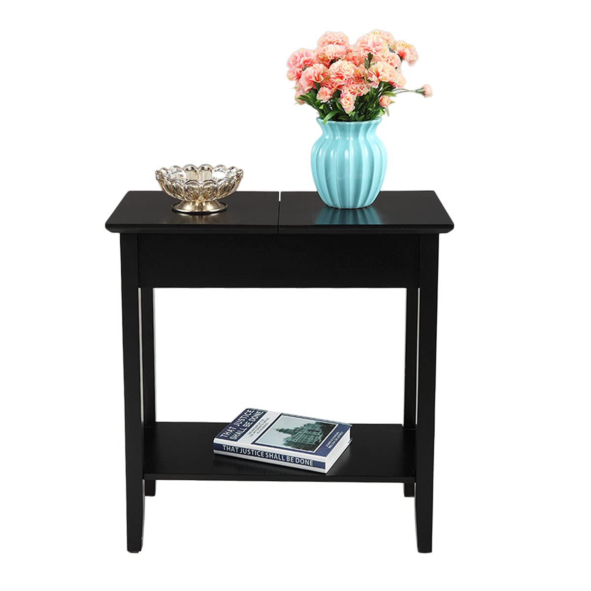 Modern Flip Top End Table with Storage Shelves - Wooden Side Table for Sofa, Living Room & Bedroom - Space-Saving Black Accent Furniture (Perfect for Small Spaces, Apartments & Home Decor)