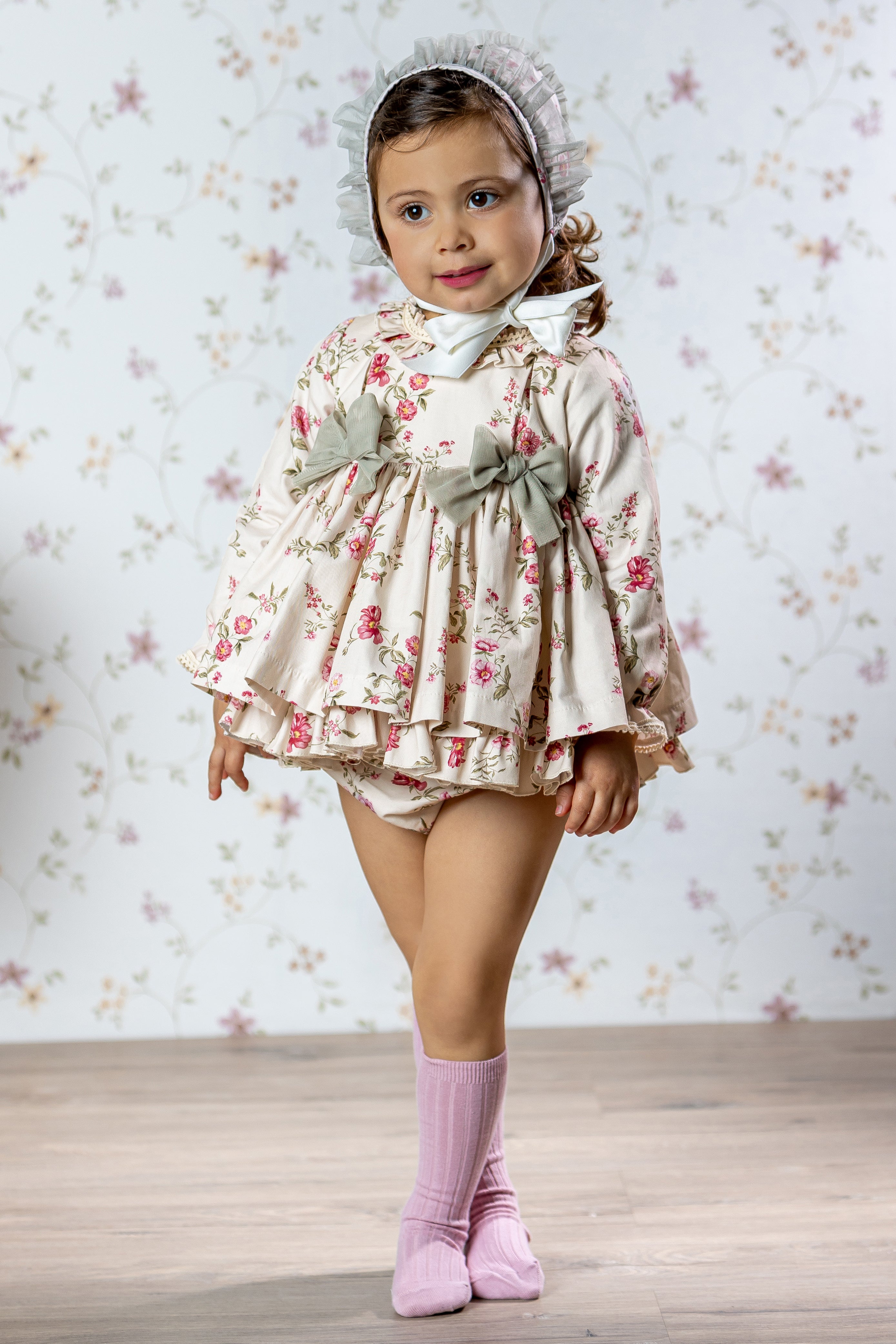 Henrietta Cream & Pink Floral Dress with Bloomers & Bonnet Set - Vintage Baby Girl Outfit for Photoshoot, Christening & Special Occasions