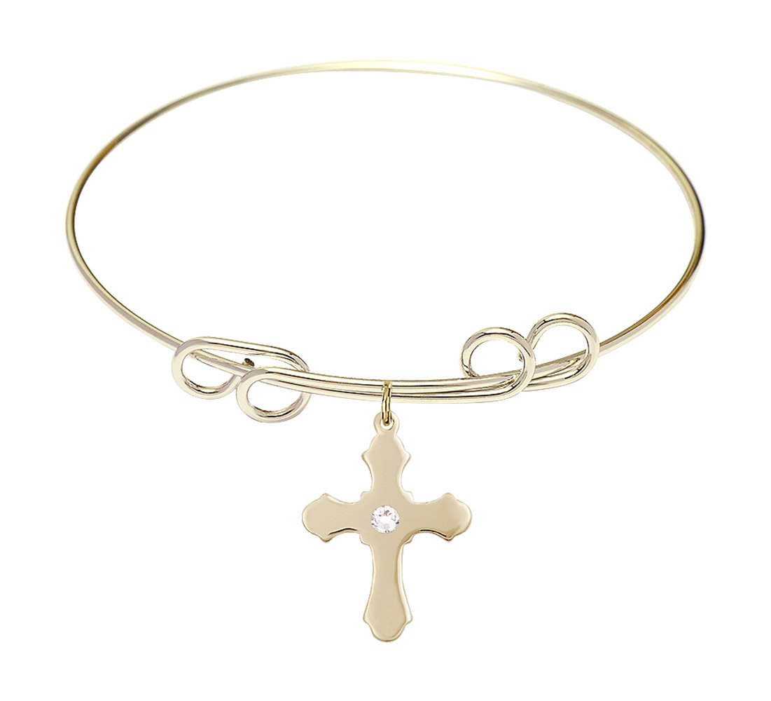 8 Inch Round Double Loop Bangle Bracelet with Cross Medal Charm & April Birthstone Crystal - Elegant Jewelry for Women, Perfect for Gifts, Parties, and Everyday Wear