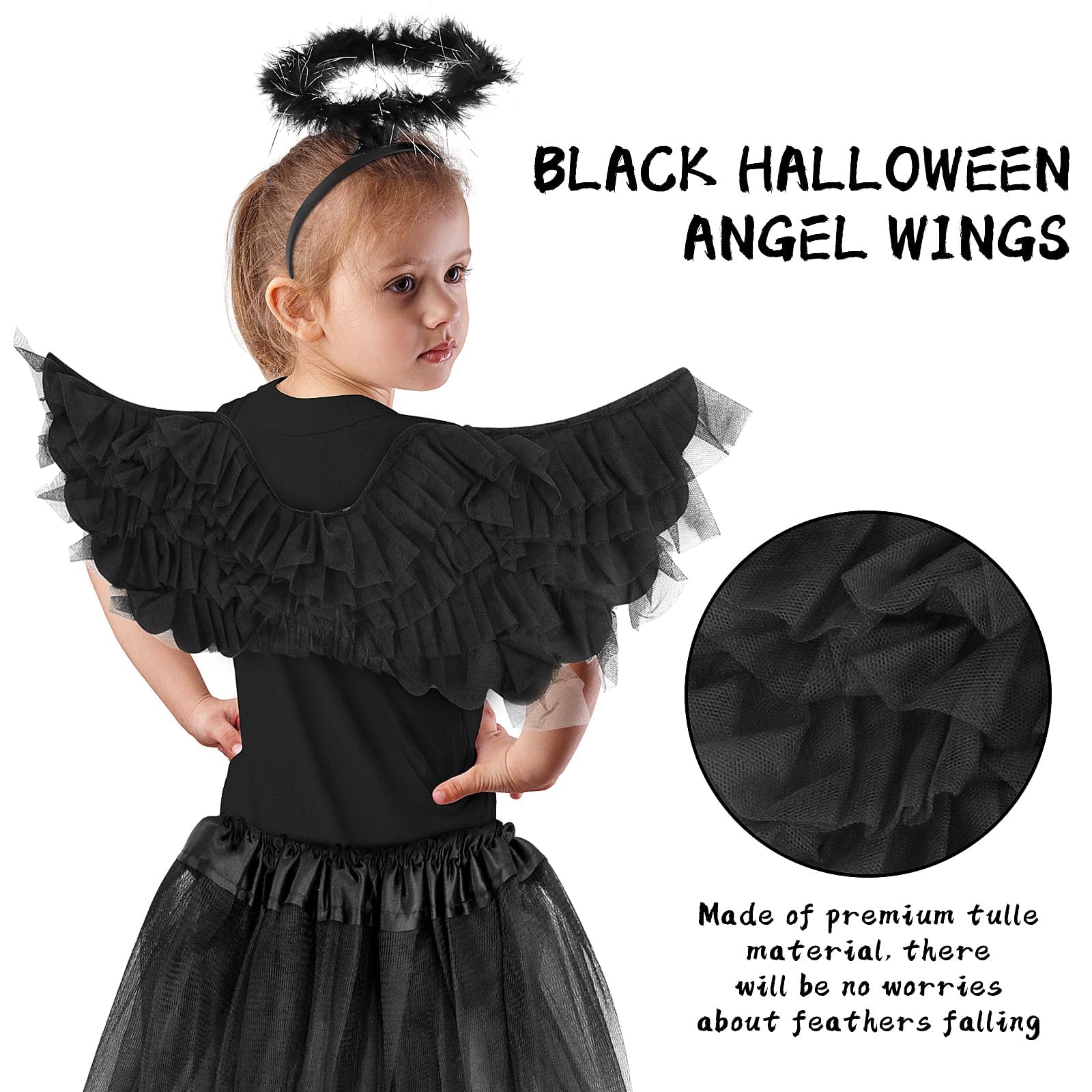 Black Angel Wings & Halo Costume Set for Girls 4-12 Years - Fallen Angel Dress with Wings, Halo, Devil Wand & Tattoo Stickers - Perfect for Halloween, Cosplay, Theme Parties & Dress-Up Play