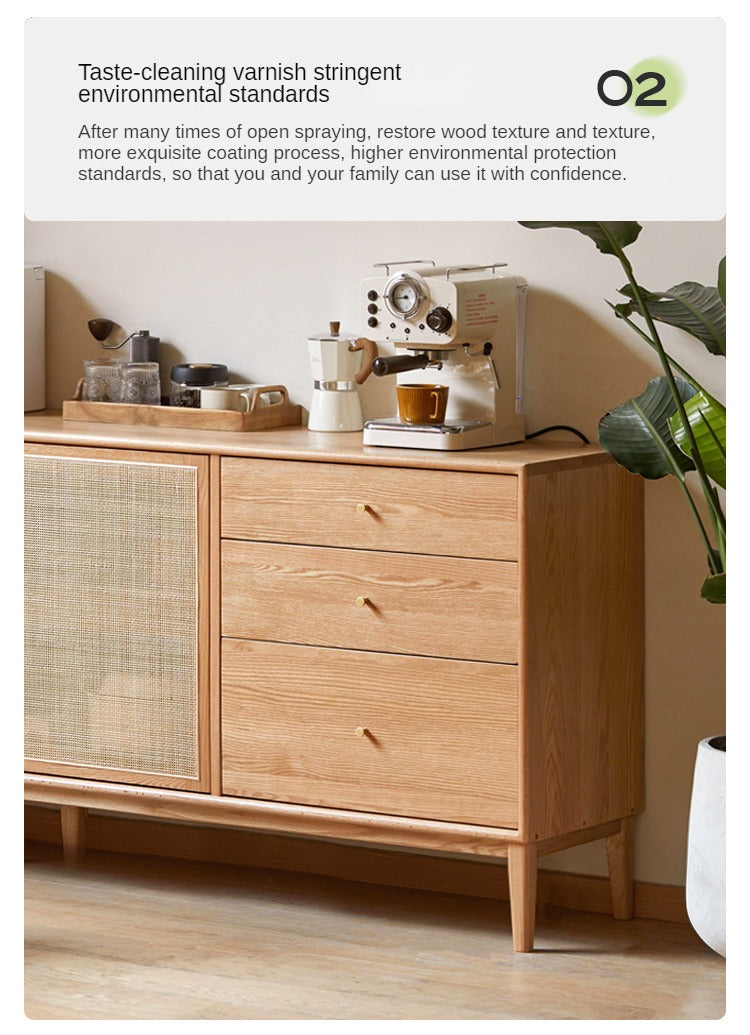Oak Solid Wood Rattan Modern Sideboard Buffet Cabinet - Stylish Storage for Dining Room, Living Room & Entryway