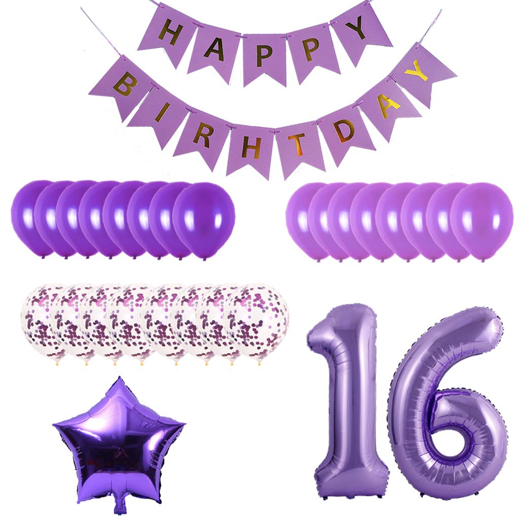 16th Birthday Party Decorations Kit - Happy Birthday Banner, Number 16 Balloons & Purple Party Supplies for Sweet 16 Celebration | Perfect for Teen Girls Birthday, Quinceañera, Milestone Party Decor