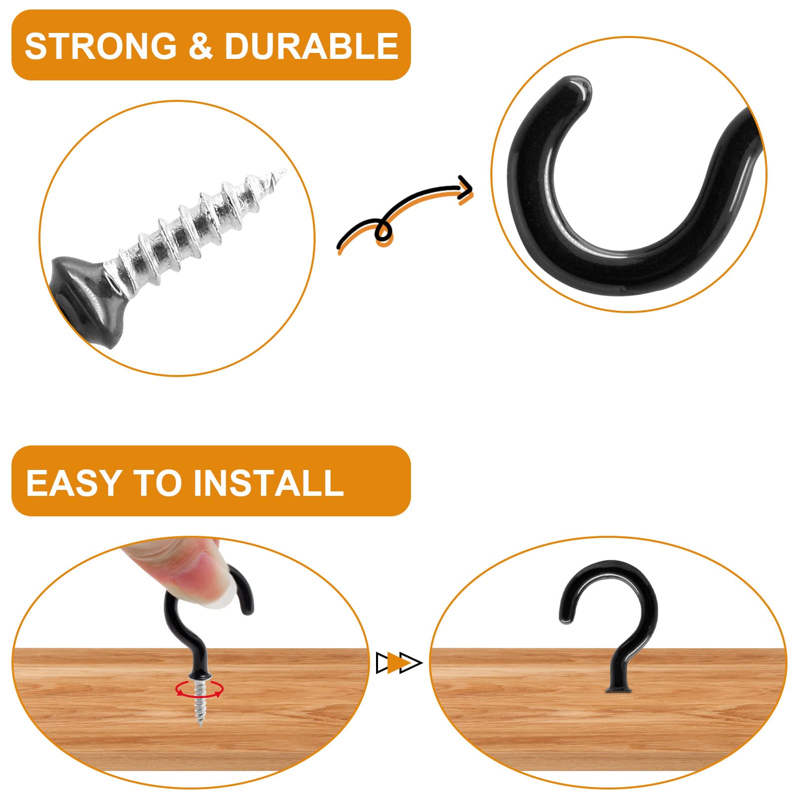 Biaungdo 60 Pcs 1 Inch Black Ceiling Cup Hooks with Self-Tapping Screws - Heavy Duty Hanging Hooks for Plants, Lights, and Home Decor