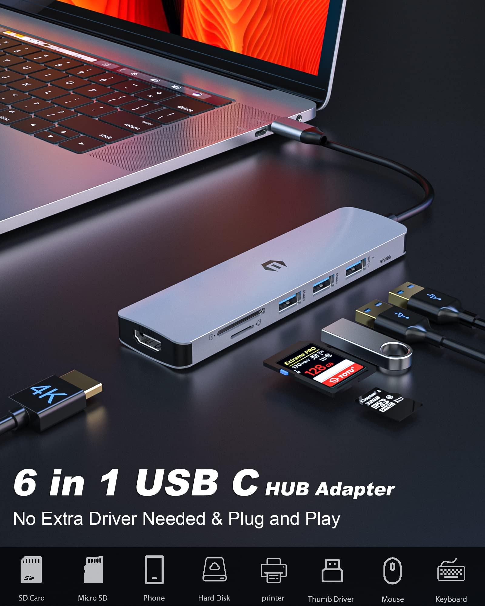 TOTU 6-in-1 USB C Hub Multiport Adapter with 4K HDMI, 3 USB 3.0 Ports, SD/TF Card Reader - Compatible with MacBook Pro/Air, iPad Pro, Surface Pro - Perfect for Home Office, Travel & Video Conferencing