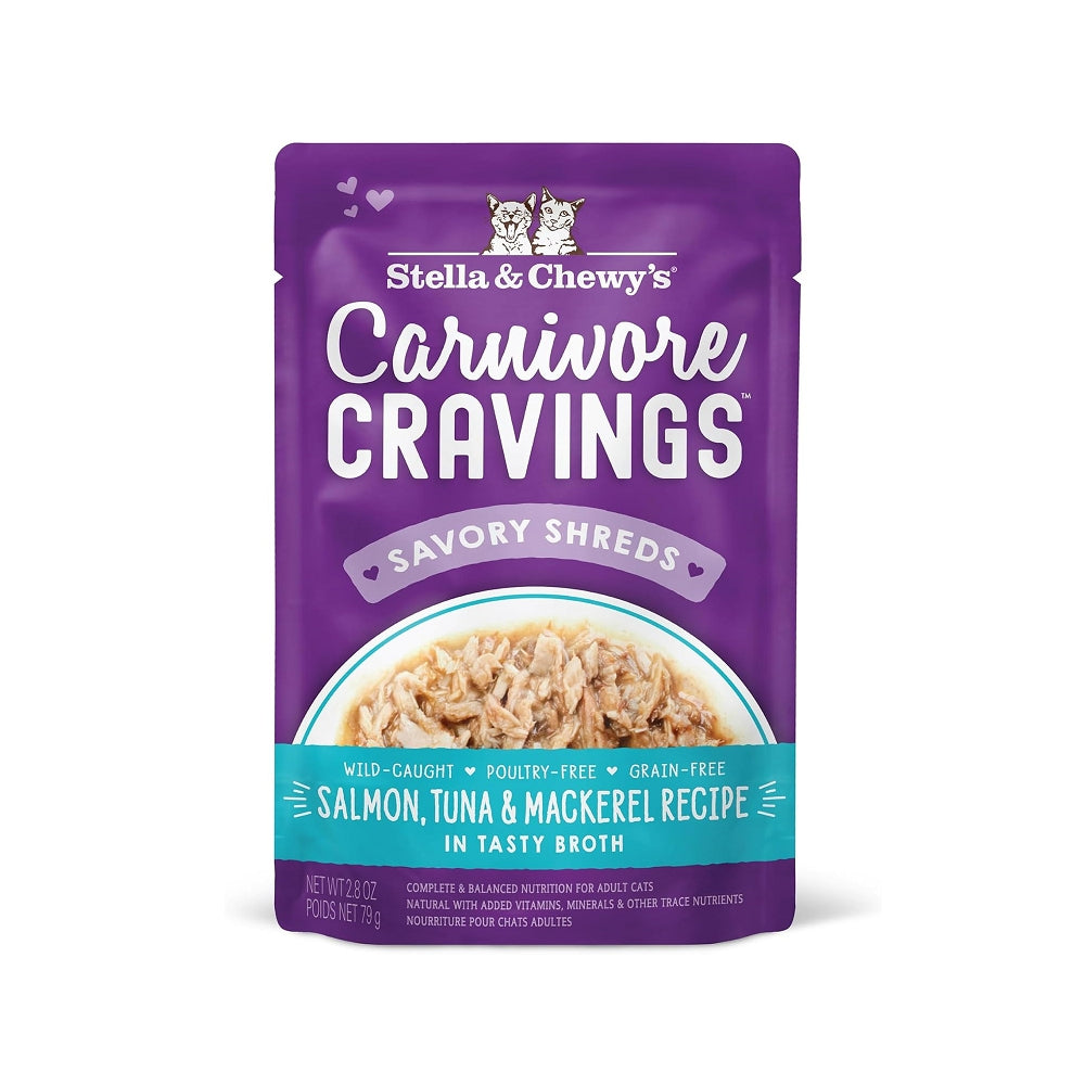 Premium Carnivore Cravings Cat Food - 100% Balanced Diet with Salmon, Tuna & Mackerel in Savory Broth Shreds | Wet Food Pouches for Adult Cats | Perfect for Mealtime, Travel & Picky Eaters