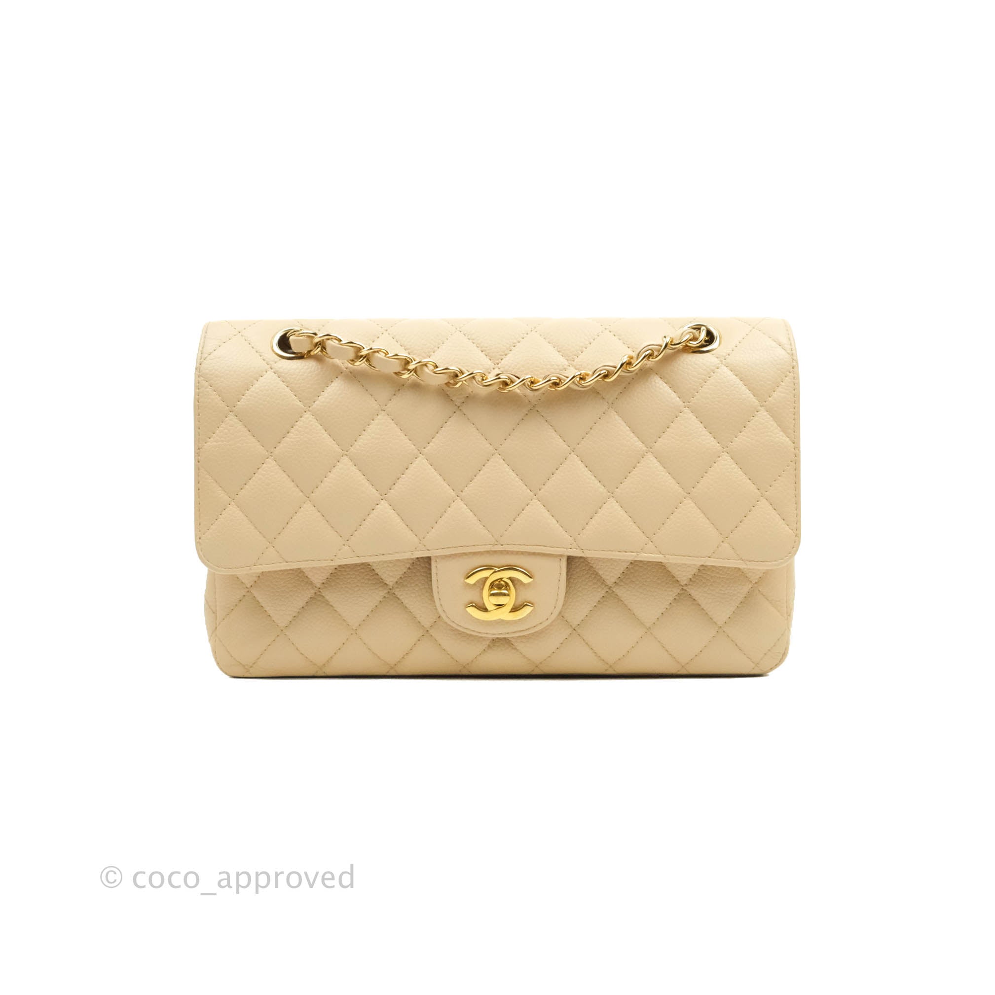 Chanel Classic Medium Double Flap Bag in Beige Caviar Leather with Gold Hardware - Luxury Designer Handbag for Women, Perfect for Work, Evening Events & Special Occasions
