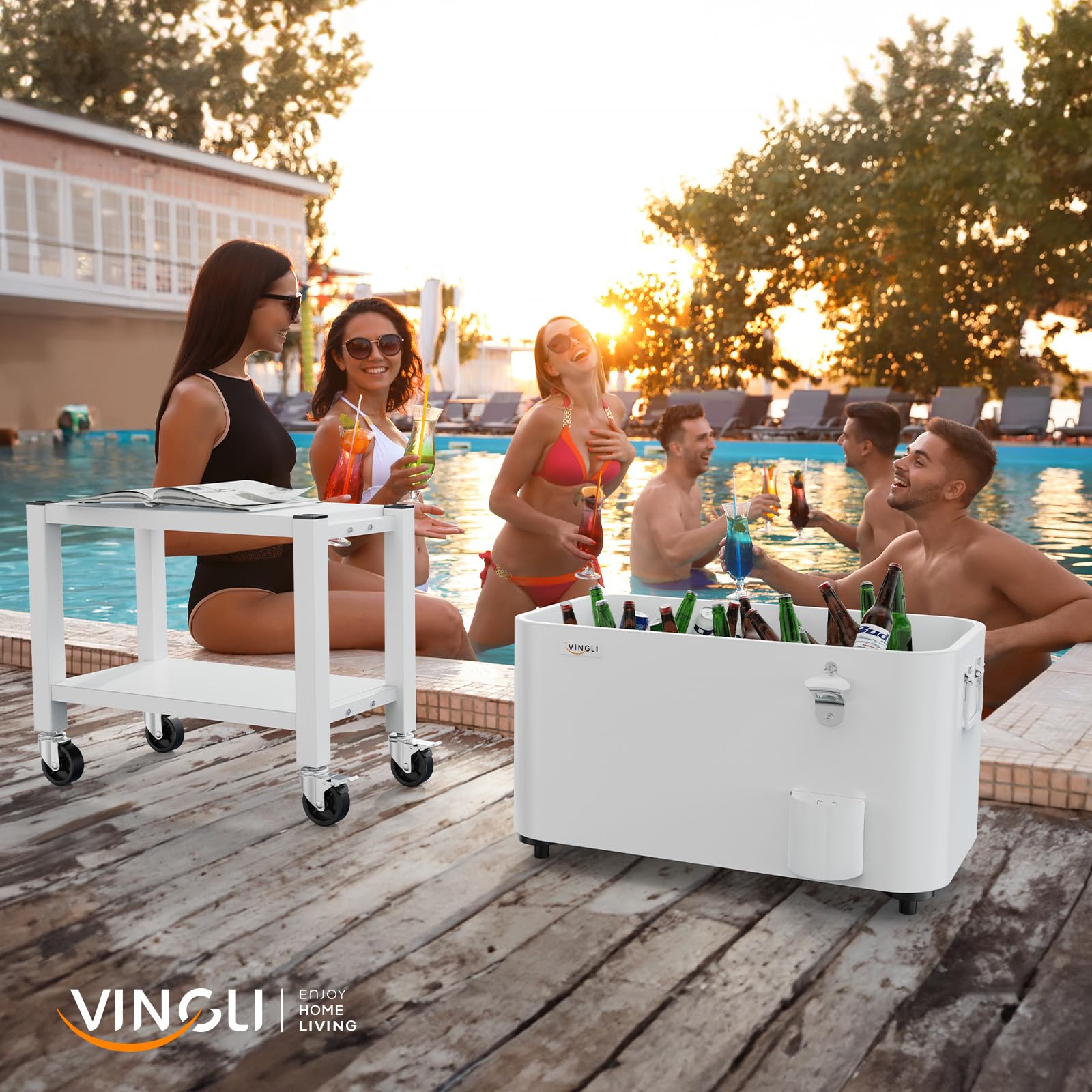 VINGLI Rolling Patio Cooler with Wheels - Portable Ice Chest for Outdoor Parties, Beach, Camping & BBQs - Includes Shelf, Beverage Pool & Bottle Opener - Perfect for Backyard Gatherings, Tailgating & Poolside Drinks