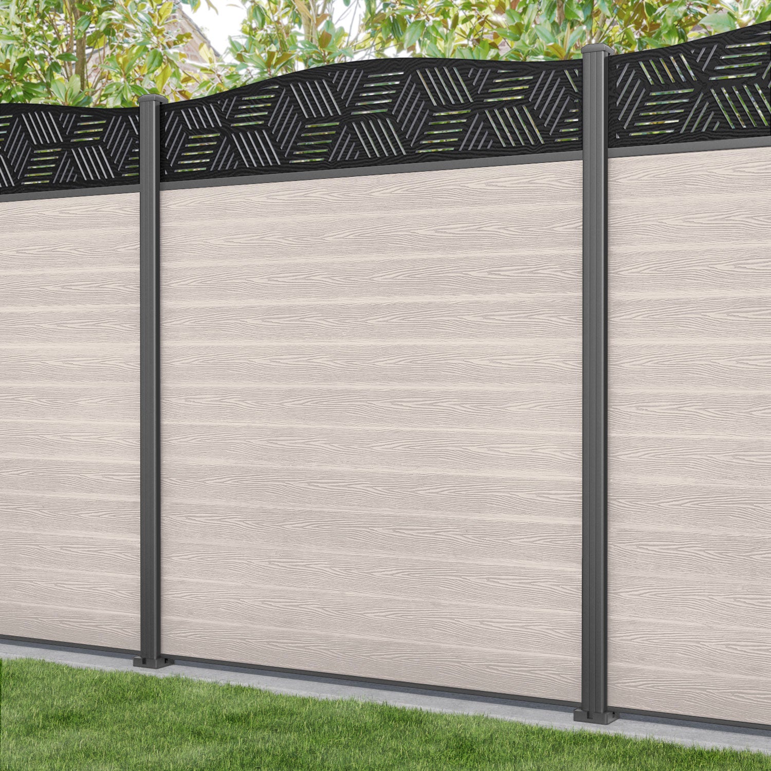 Classic Cubed Curved Top Fence Panel - Mid Stone Color - Durable Aluminum Posts for Garden, Yard & Outdoor Privacy Fencing