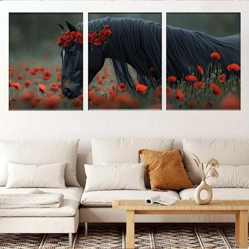 3-Piece Elegant Poppy Field with Majestic Black Horse Wall Art Set - Framed Canvas 50x70cm (20x28in) - High Quality Print, 100% Australian Made, Ready to Hang - Perfect for Living Room, Bedroom & Office Decor