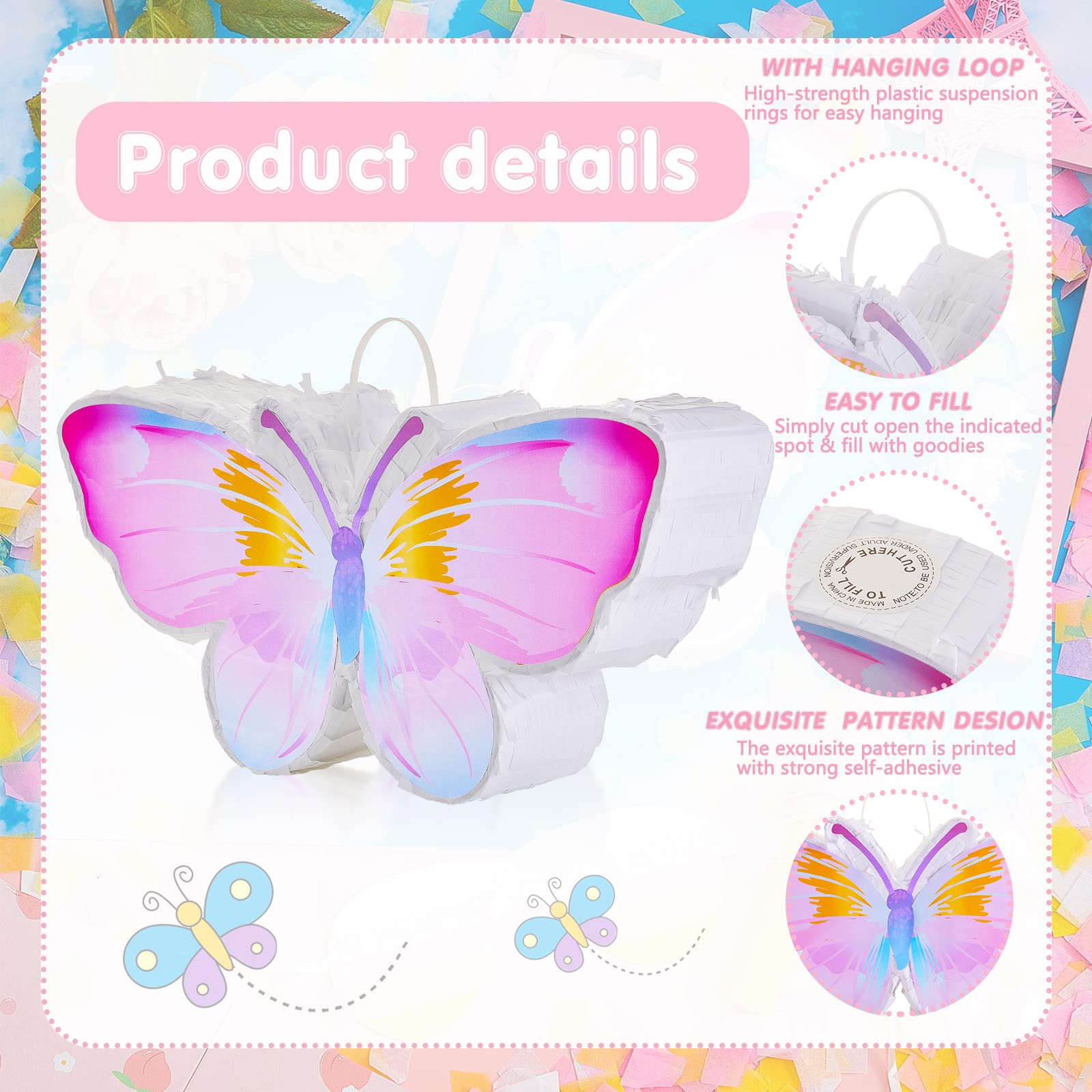 Butterfly Piñata Decorations with Stick, Blindfold & Confetti - Birthday Party Supplies for Fairy Woodland Theme, Photo Prop & Anniversary Decor - Perfect for Kids' Parties, Baby Showers & Gender Reveals