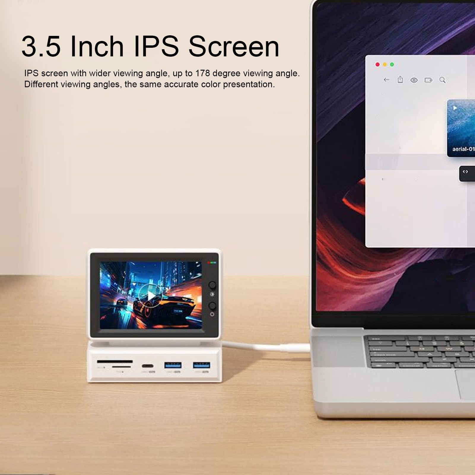 Bewinner 3.5inch IPS USB Mini Display with USB C Hub - Mini PC CPU RAM HDD Monitor for AIDA64, Computer Temperature Screen for Laptop & Desktop - Perfect for Gaming Rigs, Workstations & System Monitoring