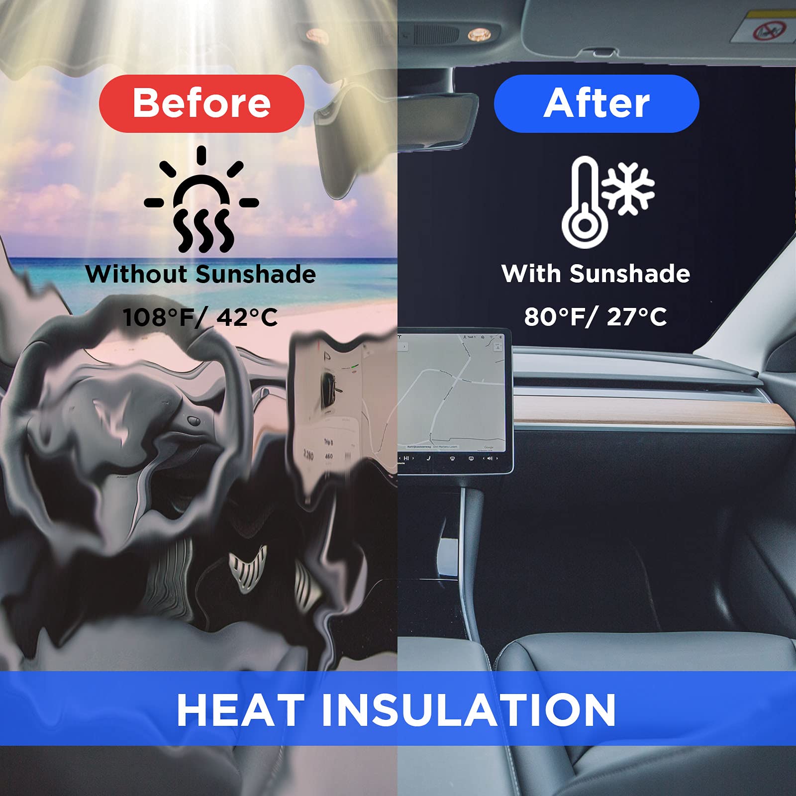 Premium Nestour Windshield Sunshade with Ambient LED Lights for Tesla Model 3/Y (2021-2022) - UV Protection & Interior Cooling Accessories for Road Trips & Summer Parking