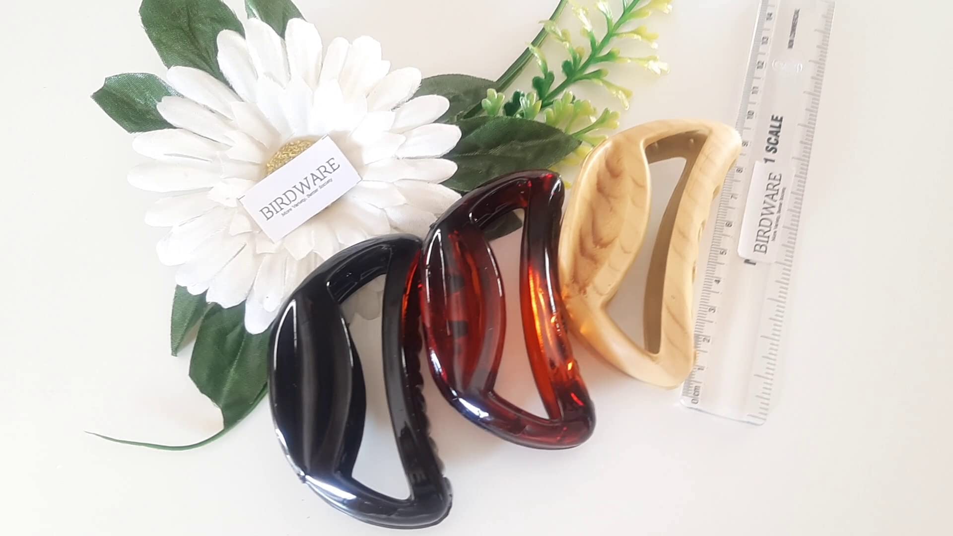 Premium Large Acrylic Butterfly Hair Clips for Women - 3-Pack (Black, Shell & Wooden Colors) - Strong Hold Hair Clutchers for Daily Use, Parties & Weddings