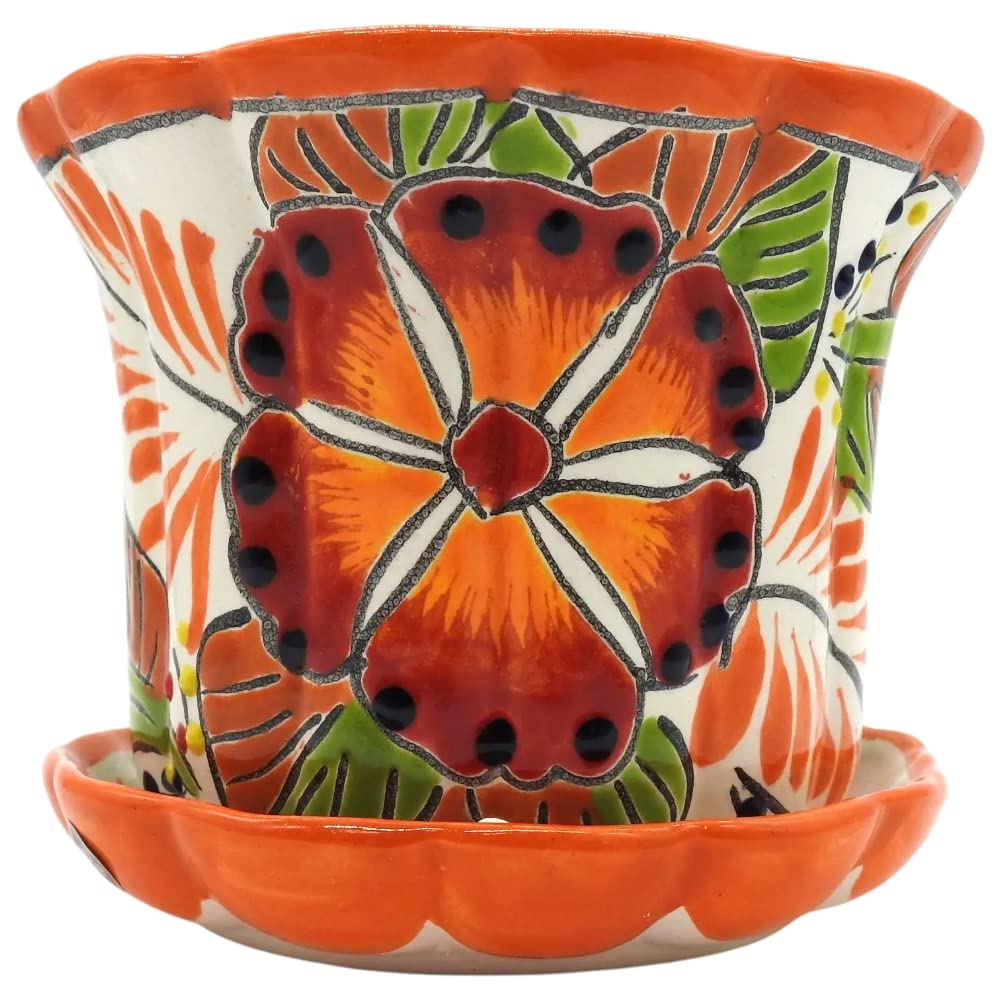 Hand Painted Violet Pot with Saucer - Small Glazed Planter for Indoor & Outdoor Plants - Multi-Colored Fall Decor for Home, Garden, or Office Décor