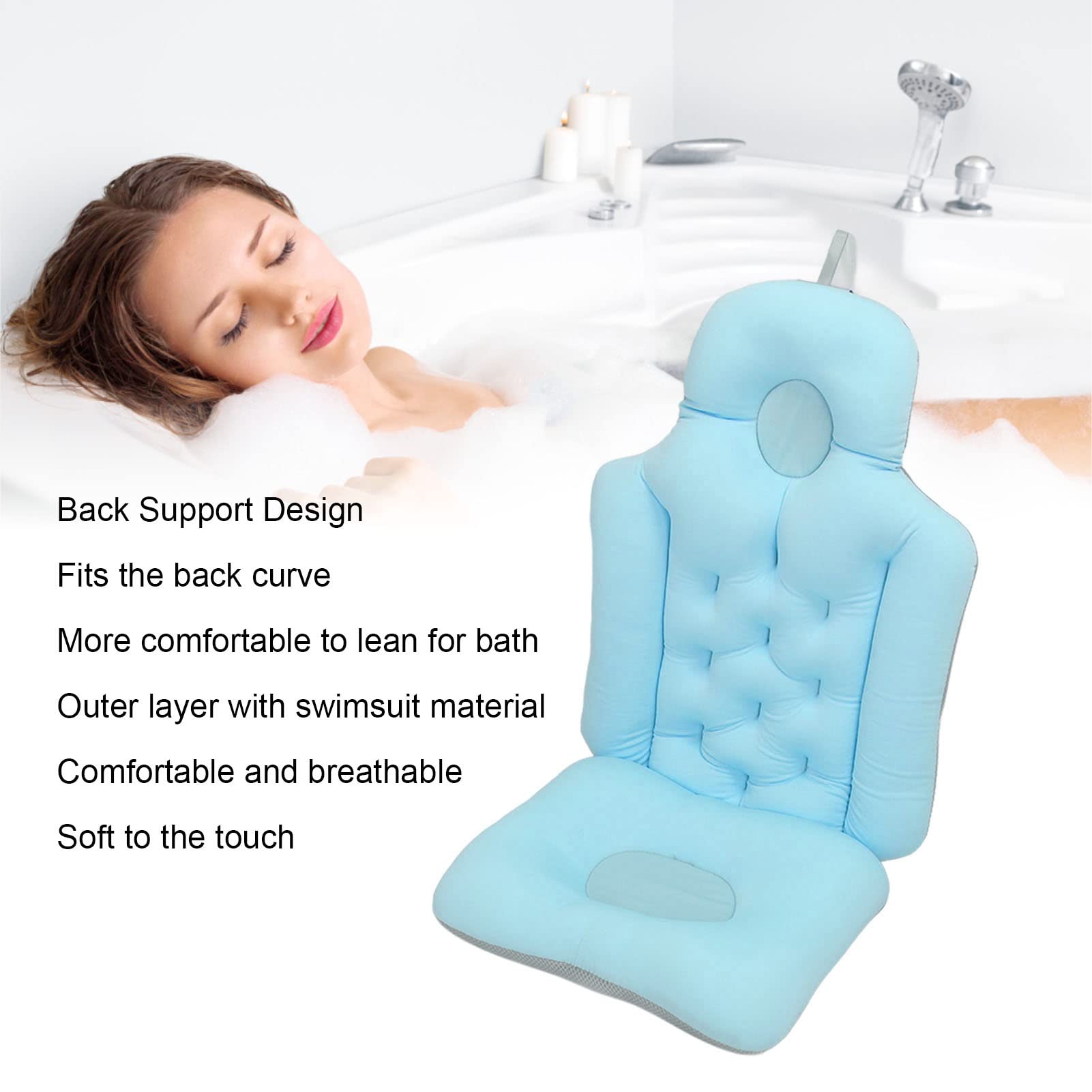 **Bathtub Cushion for Adults - Soft Breathable Bath Pillow with Headrest & Neck Support - Foldable Spa Seat Cushion for Relaxing Bath Time (Blue) - Perfect for Soaking, Reading, or Meditation in the Tub**