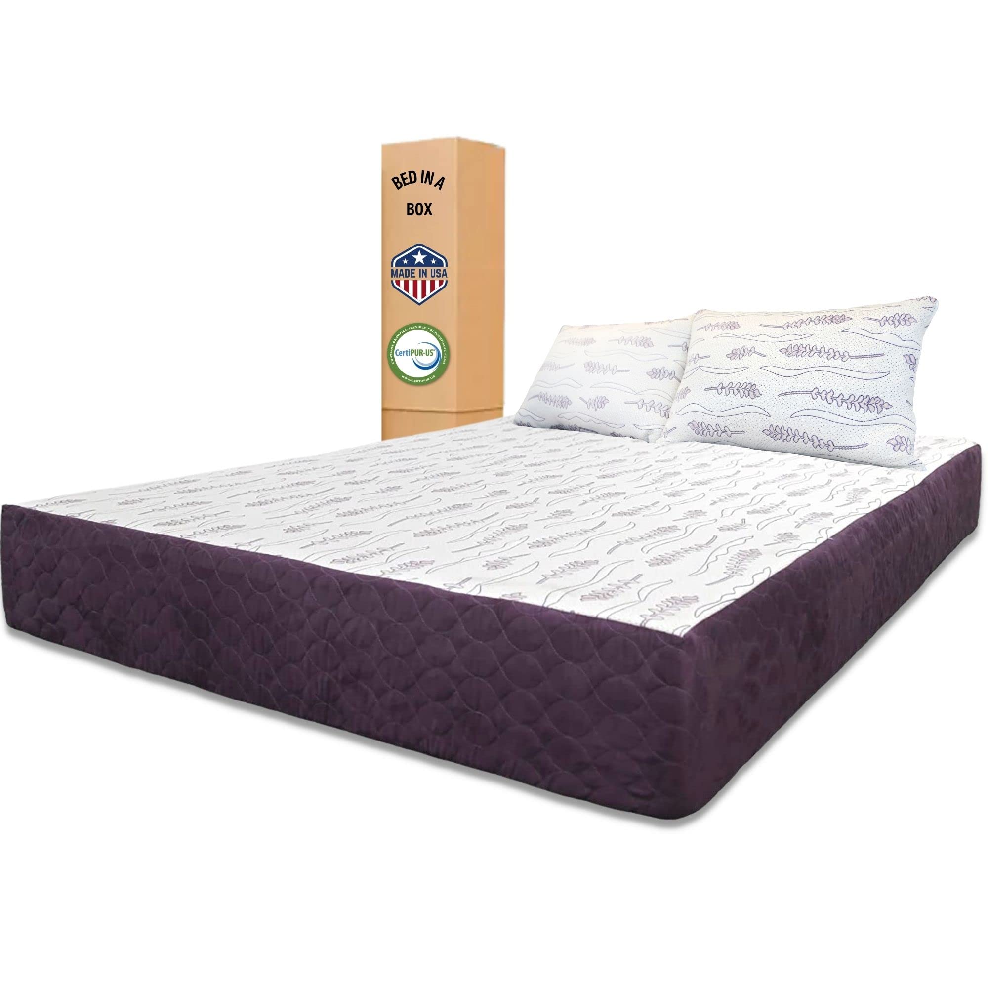 Lavender Luxury 10-Inch Gel-Infused Memory Foam Mattress & Pillows Set - CertiPUR-US Certified, Made in USA, Bed-in-a-Box (Eastern King) - Perfect for Back Pain Relief & Pressure Point Support in Master Bedrooms