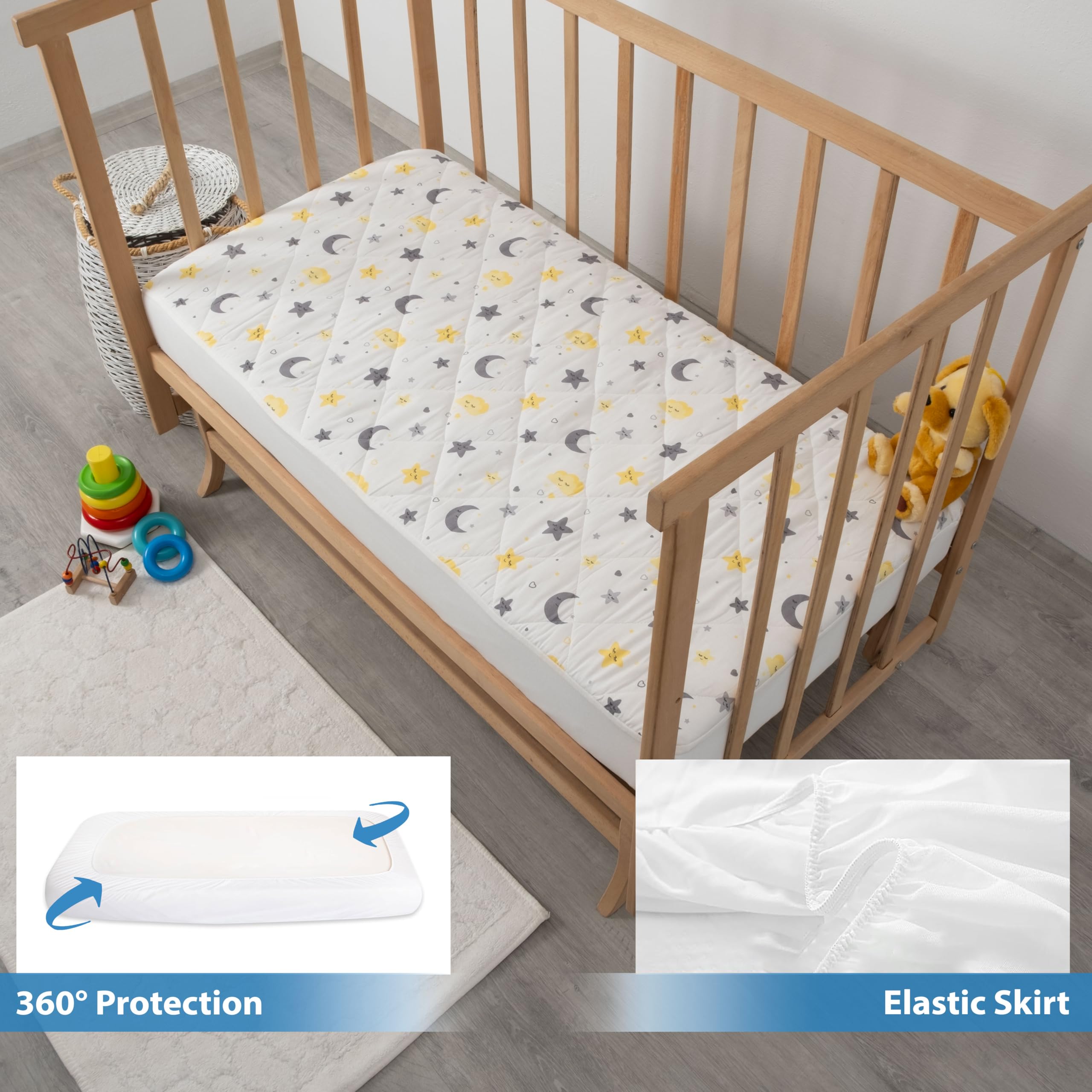 Waterproof Crib Mattress Protector - 100% Cotton Quilted Absorbent Sheet for Baby & Toddler - Certified Noiseless Machine Washable - Moon & Star Pattern 52