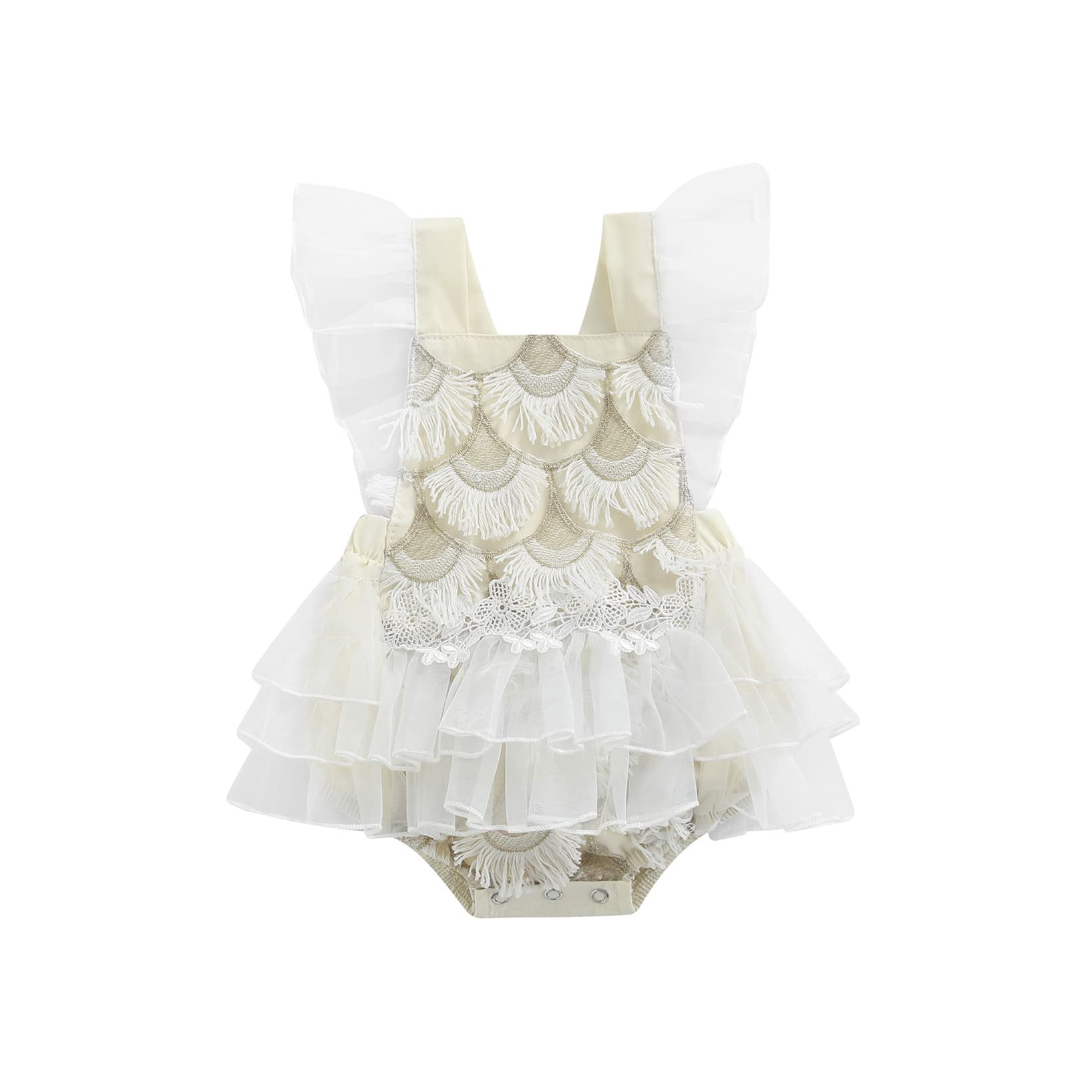 Ursobutegl Baby Romper - Fish Scale Flower Embroidery Square Neck Sleeveless Bodysuit for Girls & Boys | Soft Summer Casual Outfit for Playtime, Beach & Family Photos