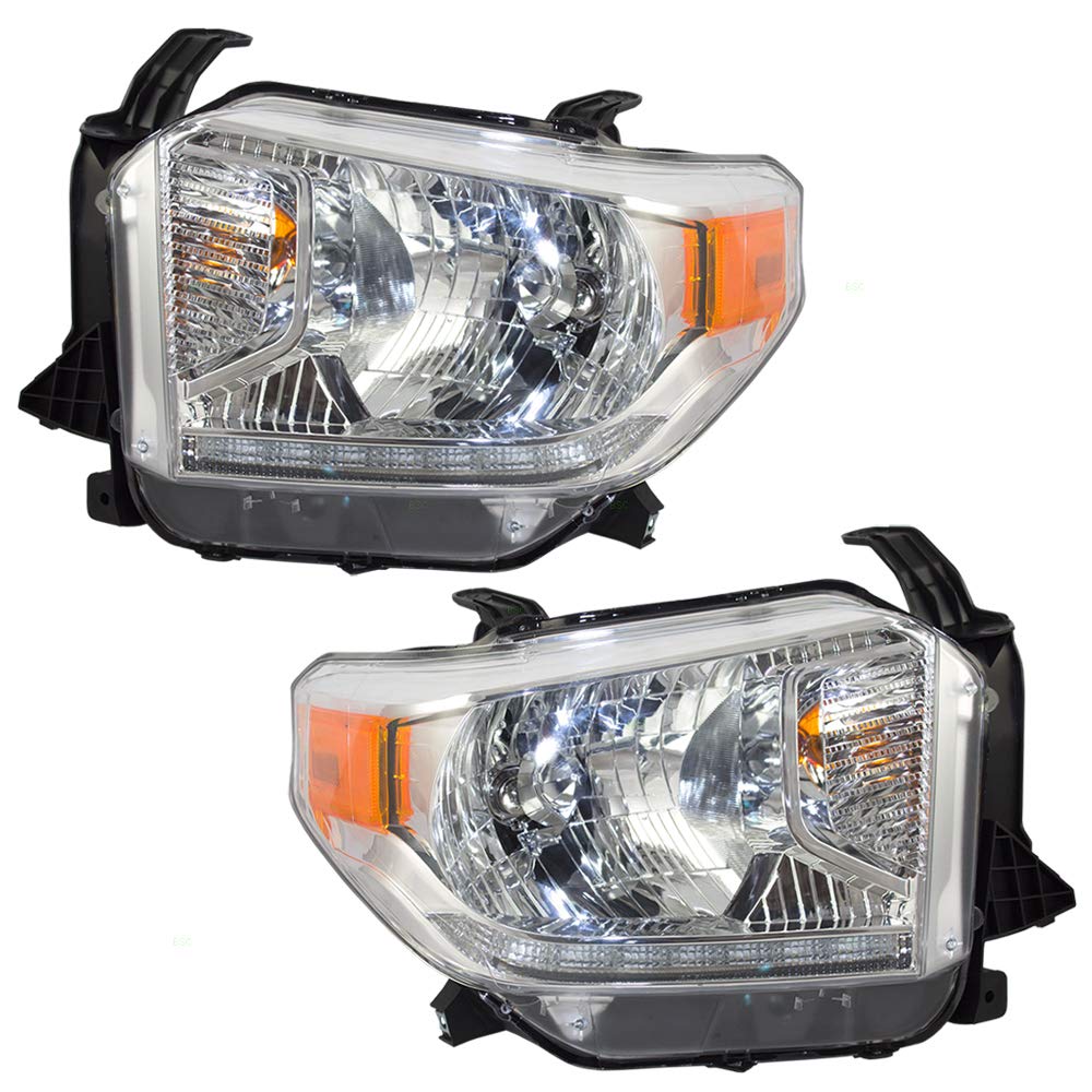 Pair Set Halogen Combination Headlights Headlamp with Chrome Bezel for 2014-2017 Toyota Tundra - Includes Power Leveling & LED DRL (Part #811500C101, 811100C101) - Upgrade Your Truck Lighting for Night Driving & Off-Road Adventures