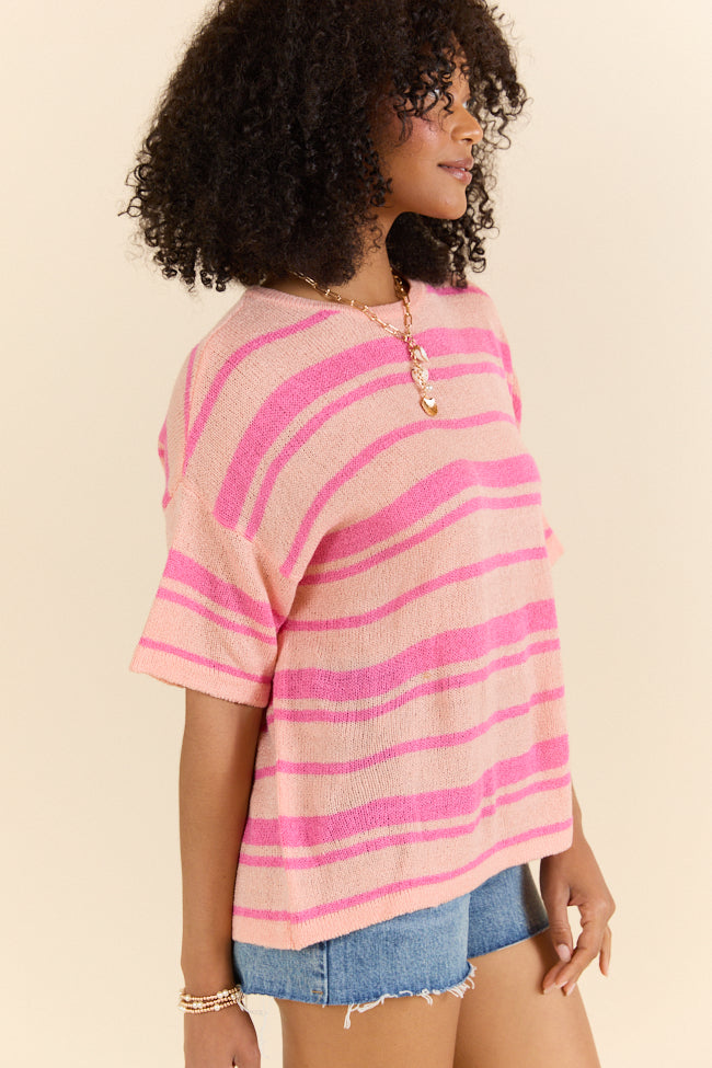 Beside Me Coral & Pink Striped Short Sleeve Sweater for Women | Soft Knit Pullover | Casual Spring Summer Top | Perfect for Beach Outings & Weekend Brunch