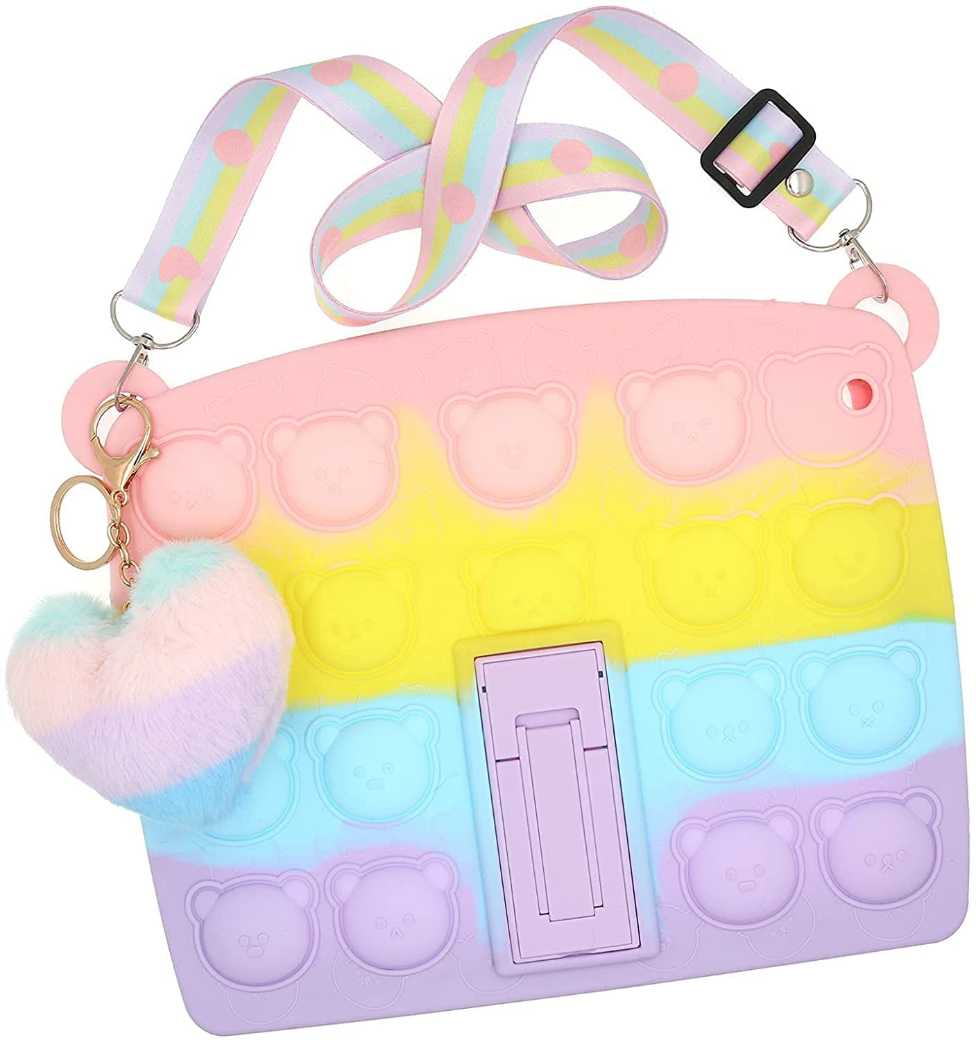 Rainbow Cute Bear Pop Push Bubble Silicone Case for iPad Mini 4/5 - Shockproof Stress Relief Cover with Lanyard, Kickstand & Pencil Holder - Perfect for Work, School and Travel Stress Relief