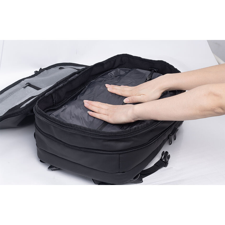 Travelite 17.3 Inch Vacuum Compression Travel Backpack with Hand Pump - Lightweight Carry-On Luggage for Airplane, Camping & Outdoor Adventures (Black)
