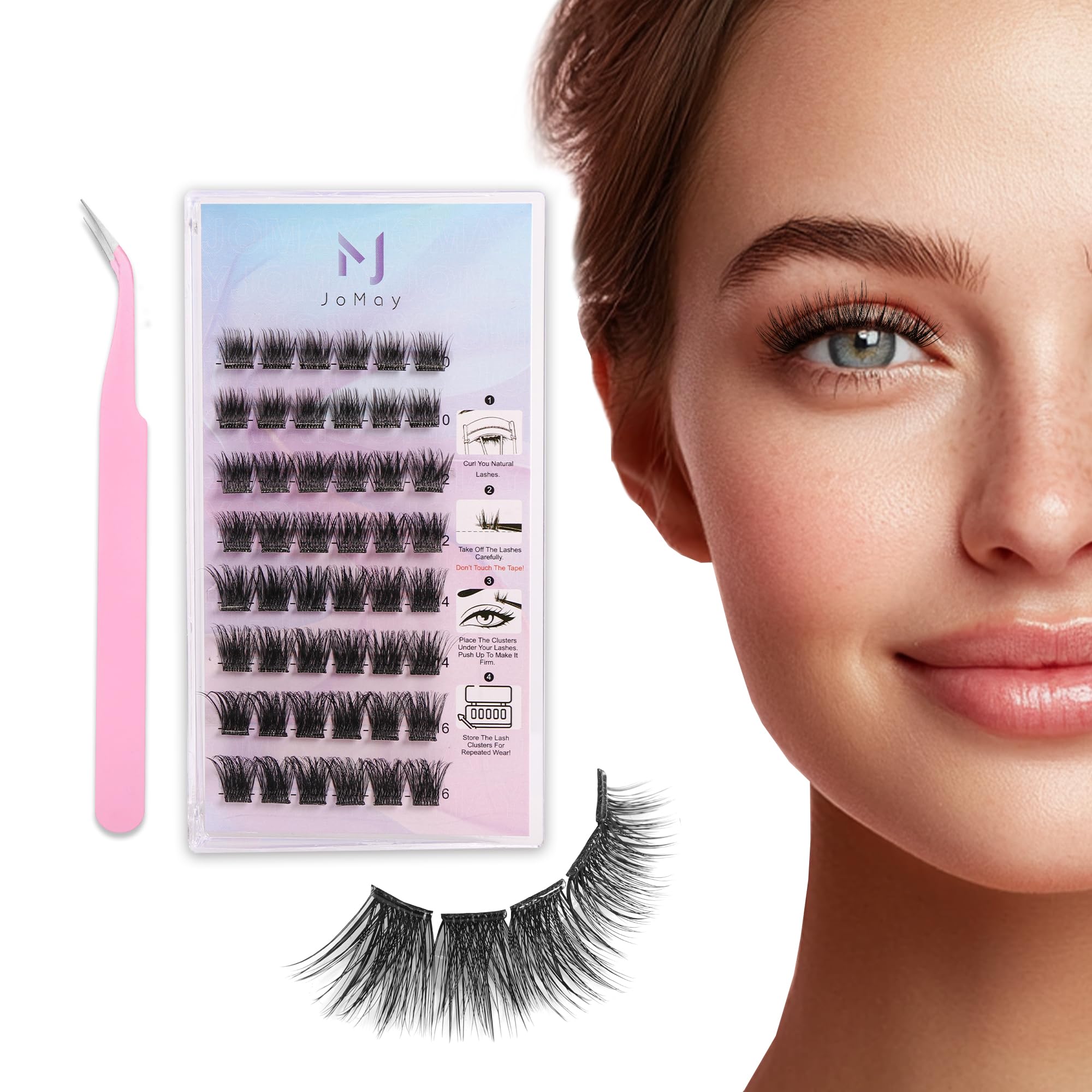 JoMay Self Adhesive Eyelashes - D Curl Press On Lashes Clusters, No Glue Needed, Natural Look, 32PCS DIY Lash Extension Kit (10-16mm, G04) - Perfect for Daily Wear, Parties & Special Occasions