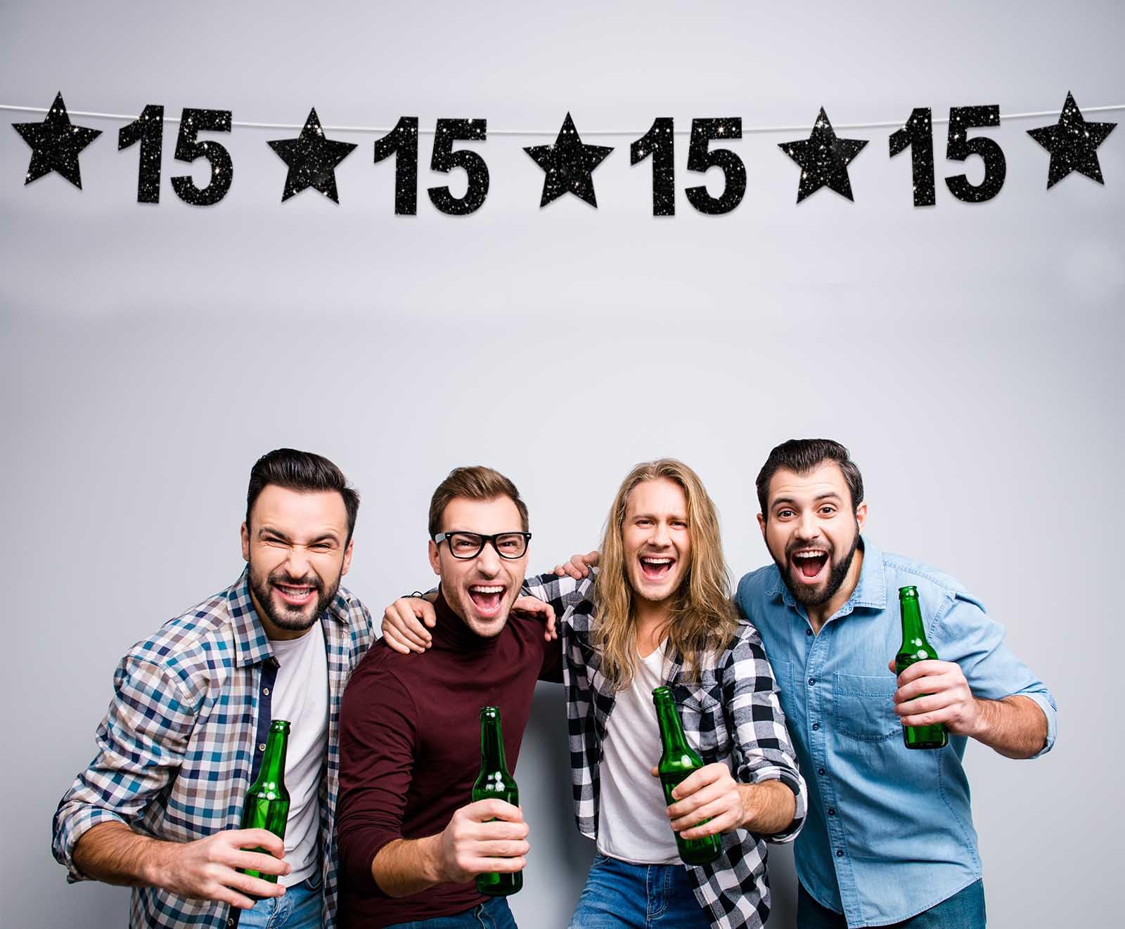 15th Birthday Decorations - Glitter Black Star Banner, Shiny Bright Backdrop for Party, Home, Classroom | Cheers to 15 Years Theme | Perfect for Birthday Celebrations, Festivals & Wall Decor