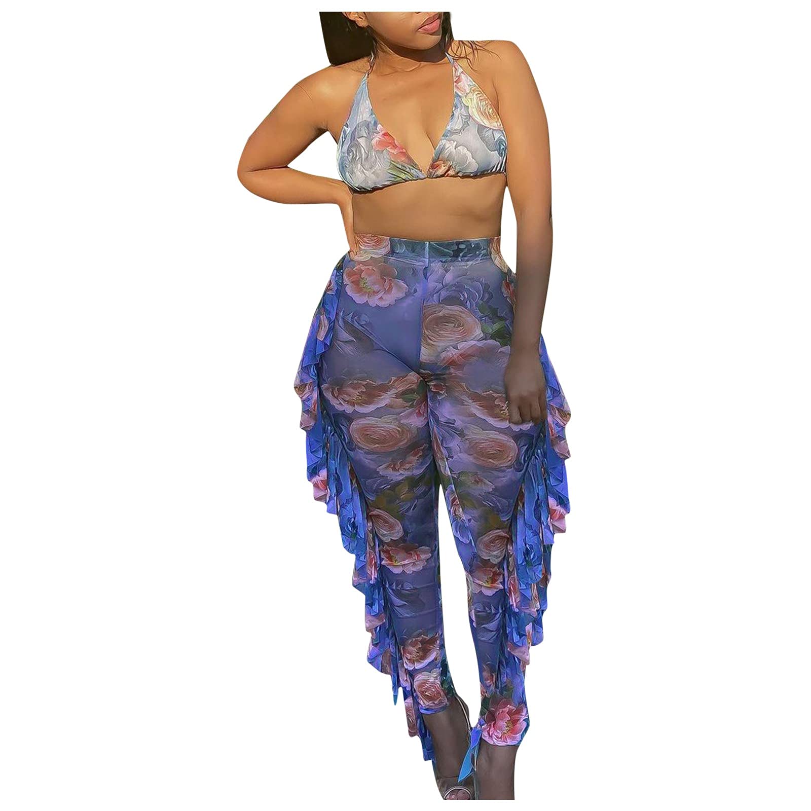 Women's 3-Piece Pant Suit Set with Ruffle Crop Top & Panties - Elegant Long Pants Outfits for Work, Office & Special Occasions