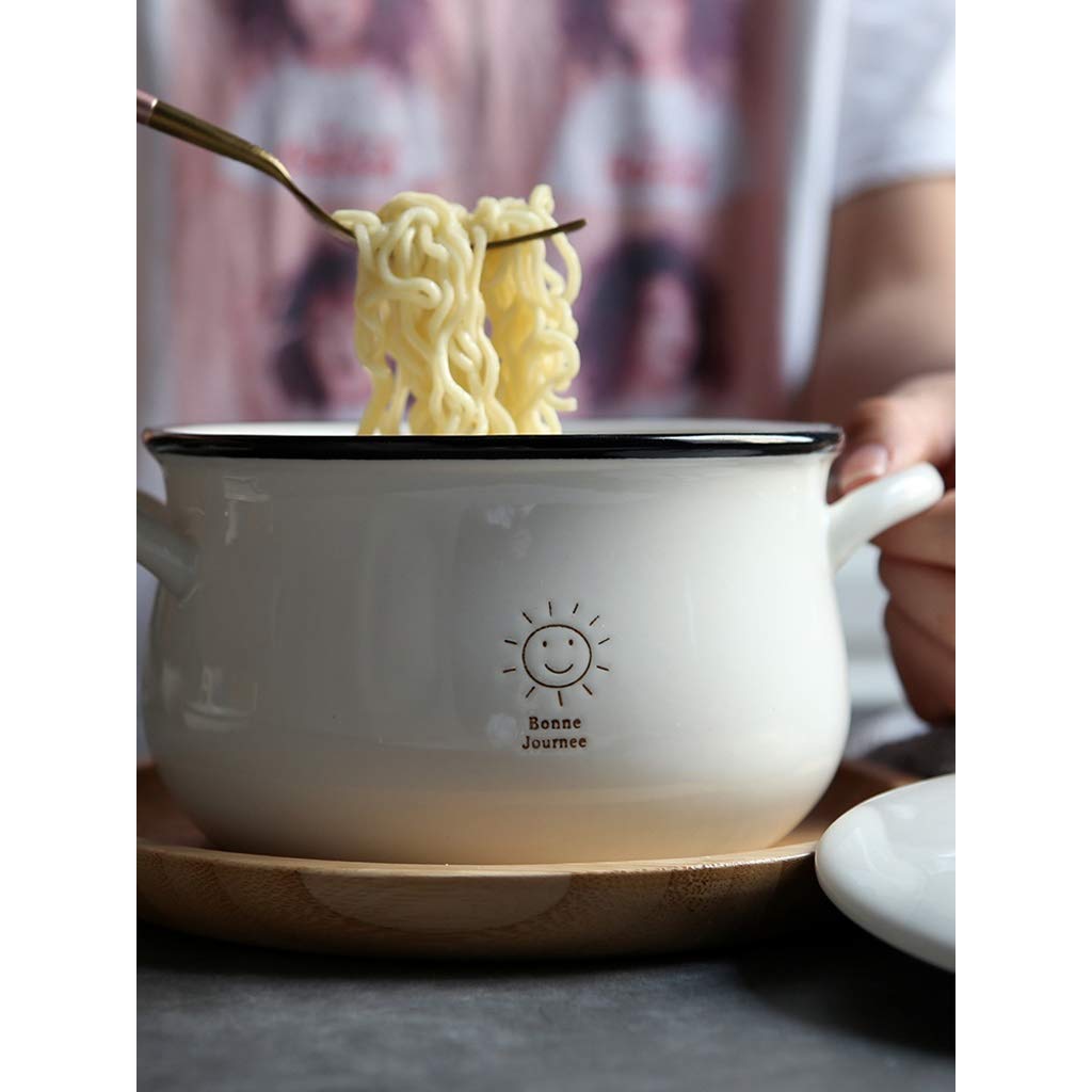Ceramic Noodle Bowls with Lid & Handle - Large Pasta, Soup, Rice, Fruit, Ice Cream & Snack Serving Bowl - Perfect for Dining, Entertaining & Meal Prep
