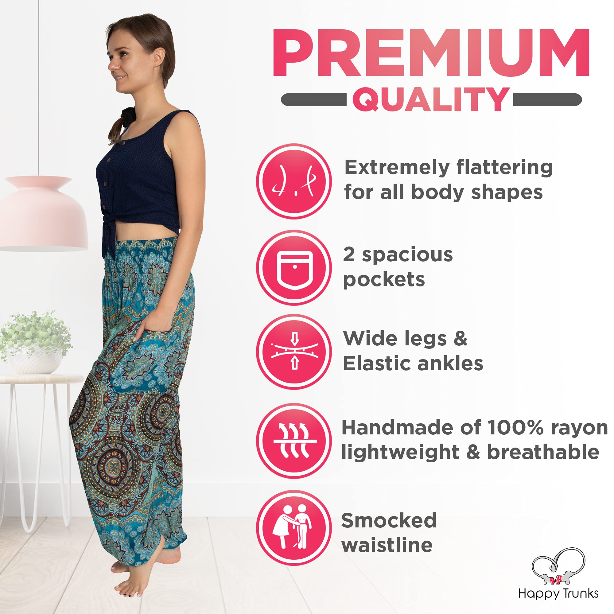 Happy Trunks Harem Pants for Women - Soft Yoga Pants with Pockets (S-XXL) | Boho Hippie Clothes | Beach Lounge Wear | Perfect for Yoga, Travel & Casual Outfits