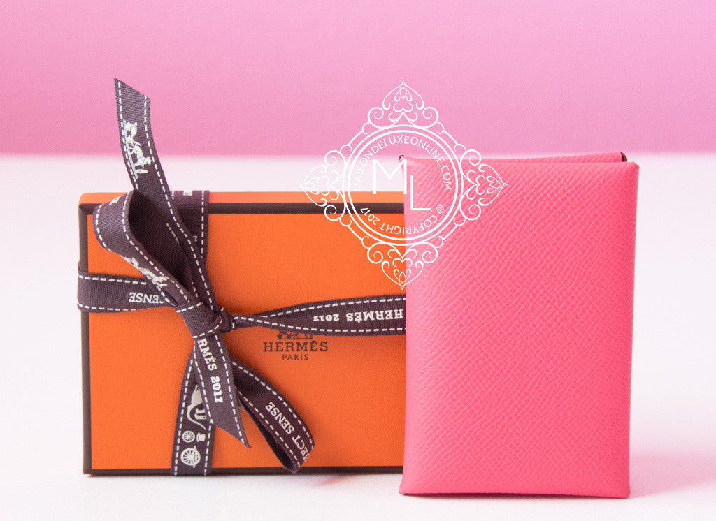 Hermes Rose Azalee Pink Epsom Leather Calvi Card Holder Wallet - Slim Compact Credit Card Case for Women, Perfect for Everyday Use & Travel Accessories