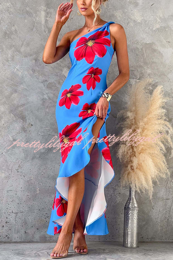 Elegant Muse Floral Print One Shoulder Ruffled Maxi Dress with High Slit | Summer Beach Wedding, Party & Evening Gown | Women's Fashion