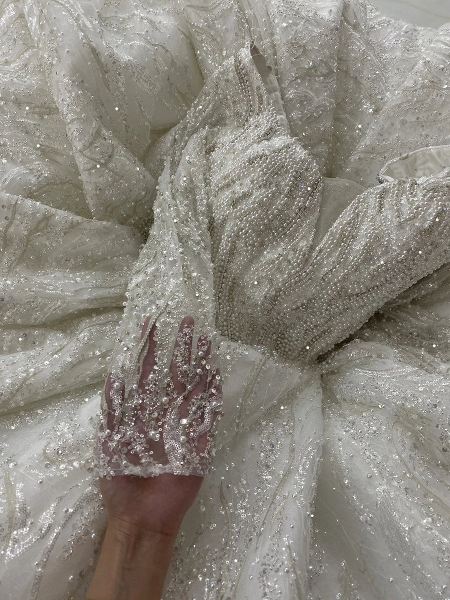 Elegant Full Beaded Wedding Dress with Long Sleeves | High-Quality Bridal Gown for Church Ceremony & Formal Reception