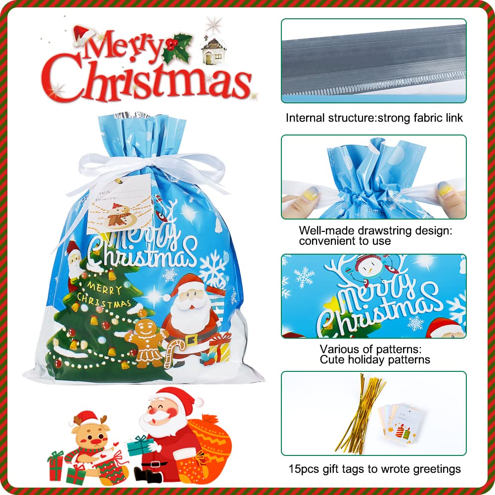 Advantez Christmas Drawstring Gift Bags - 15pcs Festive Foil Holiday Gift Bags for Christmas, Birthday, Party & Goodie Wrapping - Perfect for Holiday Presents, Stocking Stuffers & Festive Celebrations