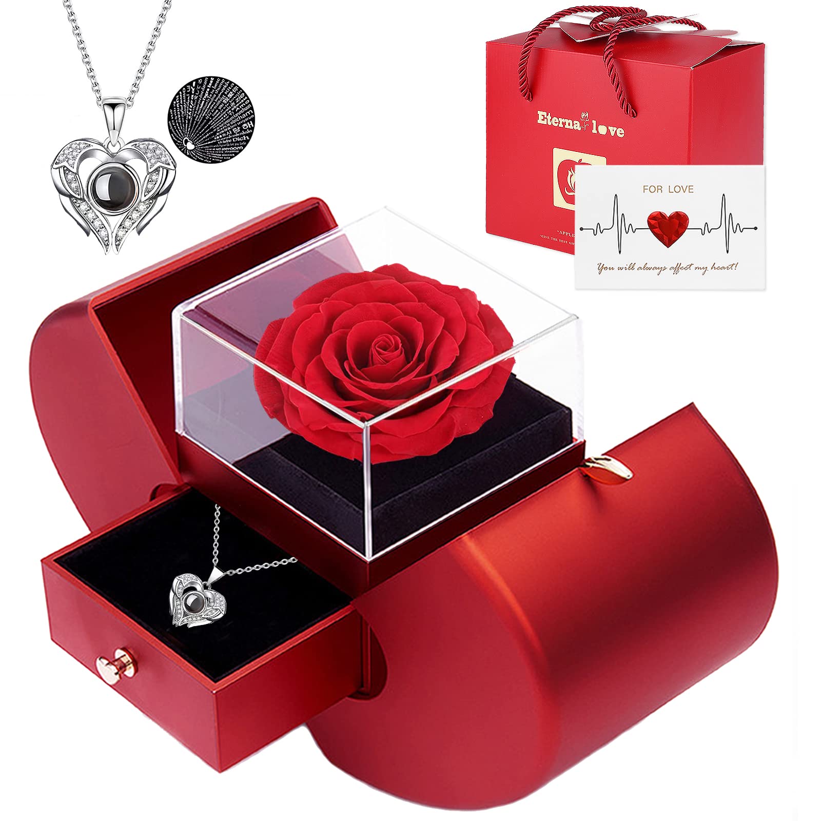 Firestyle Preserved Real Rose Eternal Flower Gift Set with 'I Love You' Necklace in 100 Languages - Perfect Birthday, Anniversary, Valentine's Day, Mother's Day & Christmas Present for Women, Wife, Mom - Romantic Keepsake for Bedroom Decor, Wedding Centerpiece or Special Occasion Gift