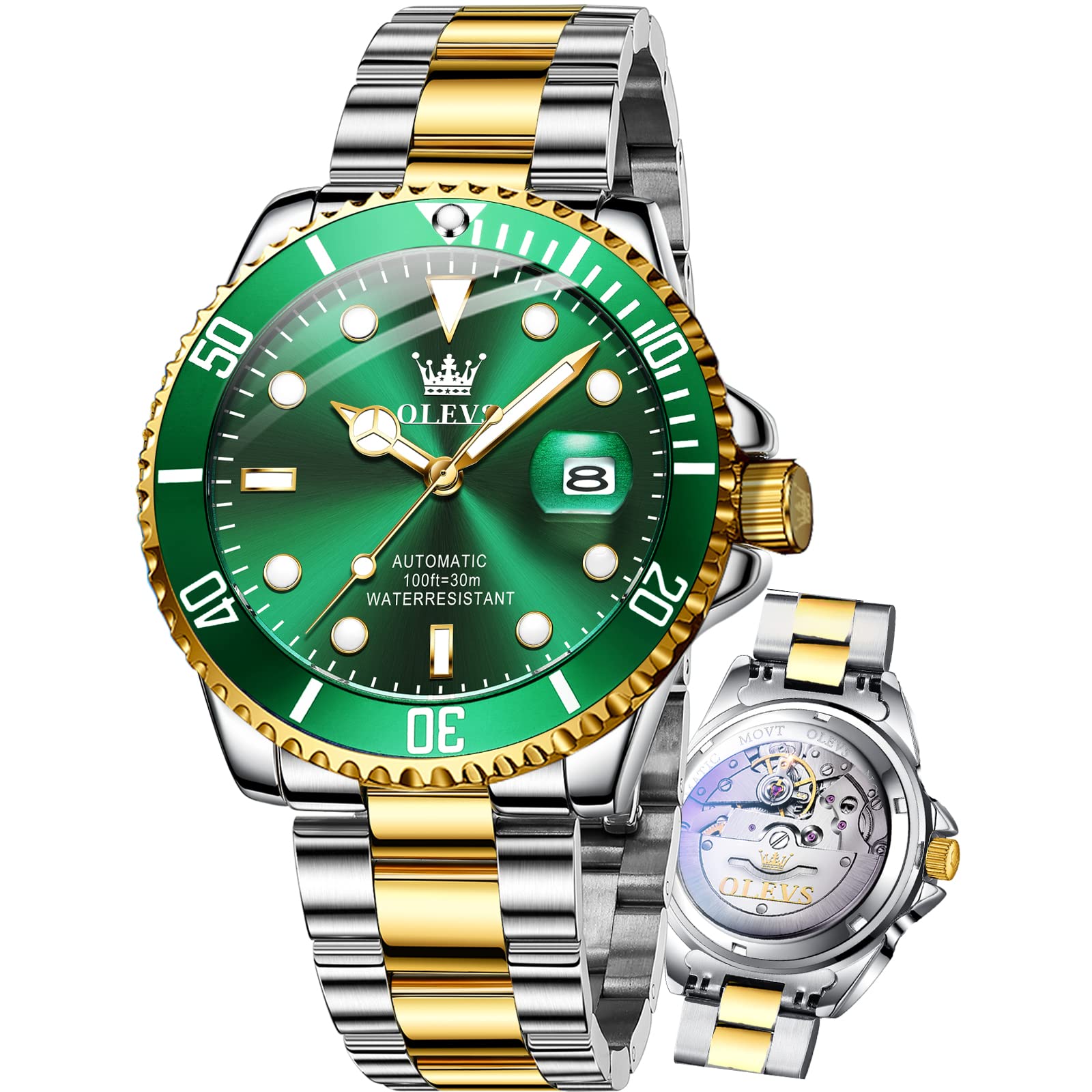 OLEVS Men's Automatic Self-Winding Mechanical Watch - Luxury Gold/Silver Stainless Steel Dress Watch with Big Face, Date Display & Luminous Hands - Waterproof & Rotating Bezel - Perfect for Business, Formal Events & Everyday Wear