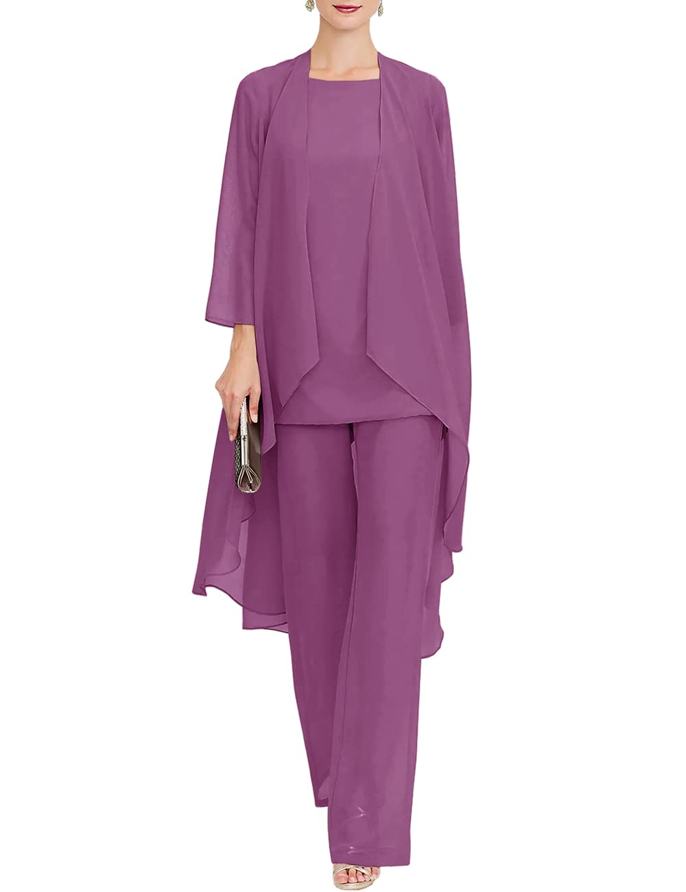 Elegant Chiffon Mother of The Bride Pant Suits 3-Piece Set - Formal Wedding Outfit & Evening Gown for Women - Perfect for Weddings, Receptions & Special Occasions