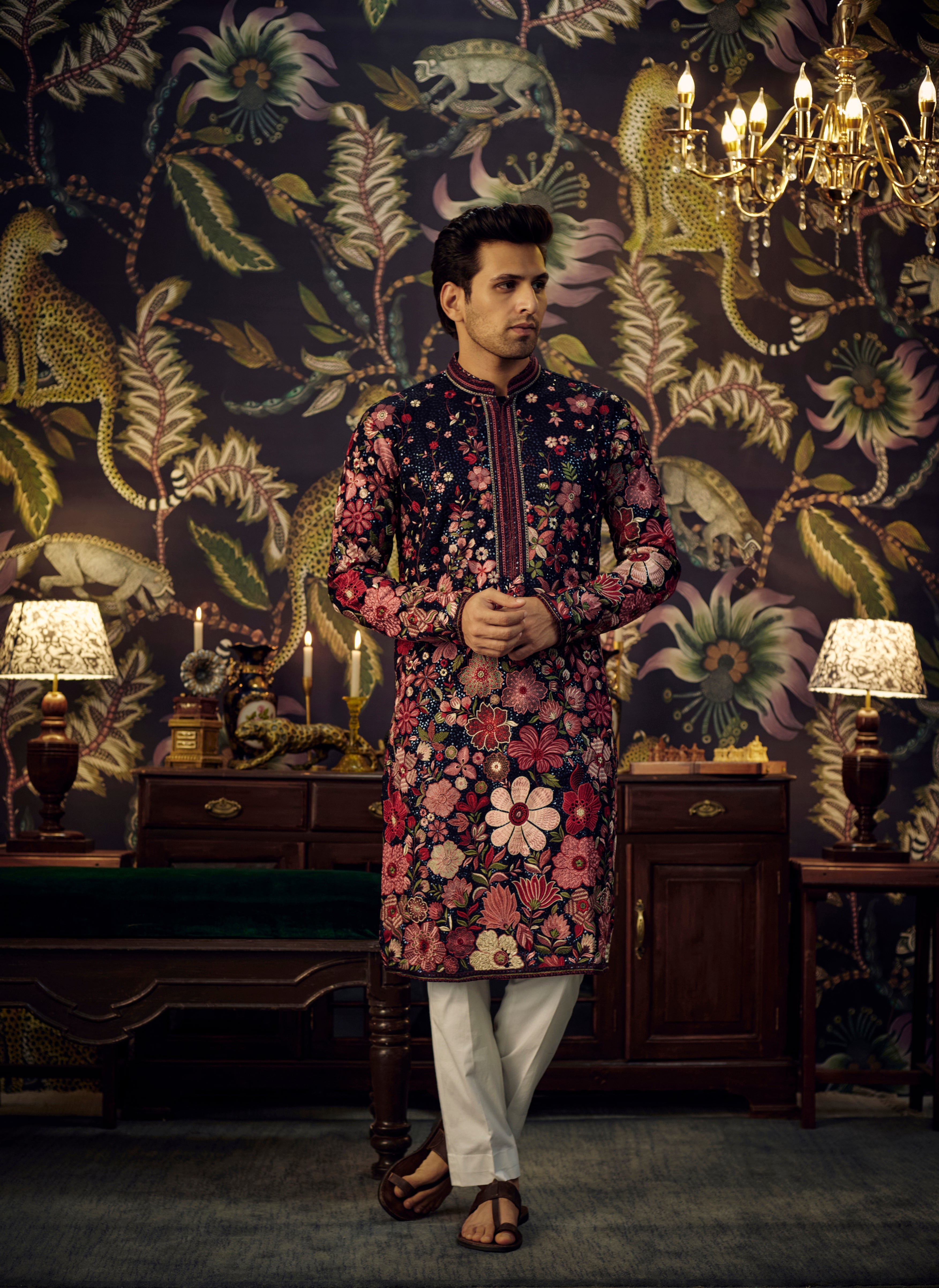 Navy Blue Embroidered Floral Kurta for Women - Elegant Indian Traditional Dress for Festivals, Weddings & Special Occasions