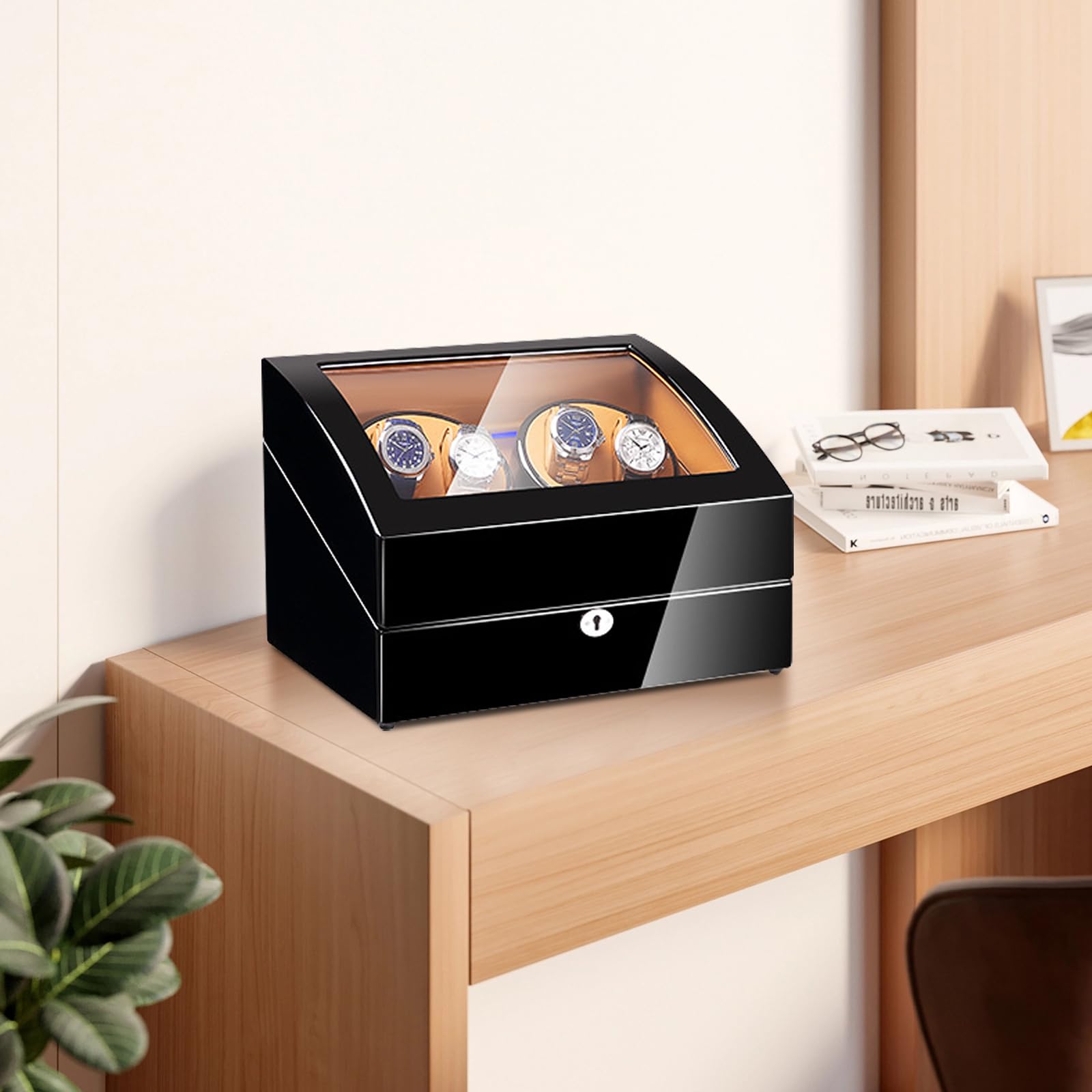 4+6 Slots Automatic Watch Winder with Silent Motor - Luxury Piano Paint Display Box | Open Lid Stop Tech & Built-in LED Lighting | USB/Battery Powered (2*D) | Perfect Watch Storage for Men & Women | Ideal for Home, Office, or Travel Use