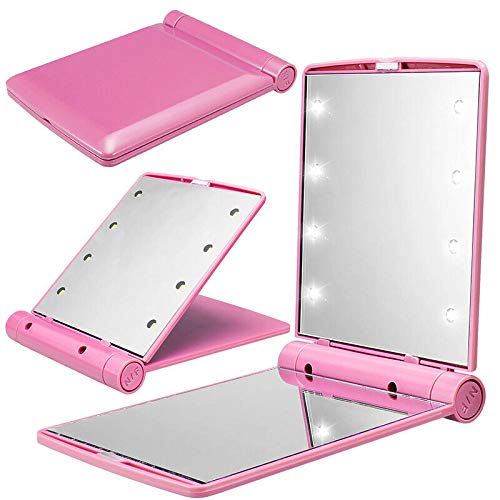 8 LED Lighted Portable Travel Makeup Mirror - Foldable Compact Cosmetic Mirror with Bright Lighting for Home, Travel & On-the-Go Touchups (Pink)