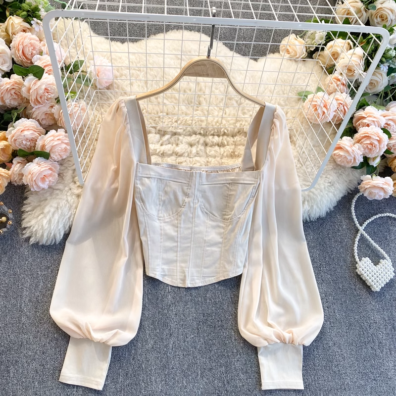 Elegant Chiffon Puff Sleeve Blouse - Square Neck Cropped French Top for Women | Perfect for Office Wear, Date Nights & Special Occasions