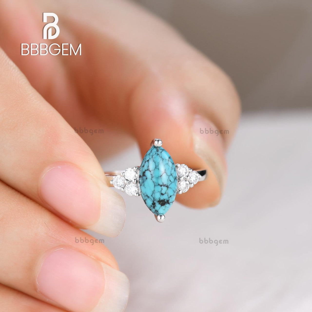 Marquise Turquoise Engagement Ring with Three Diamond Side Stones in 14k Gold Band - Perfect for Proposals, Weddings & Anniversary Gifts