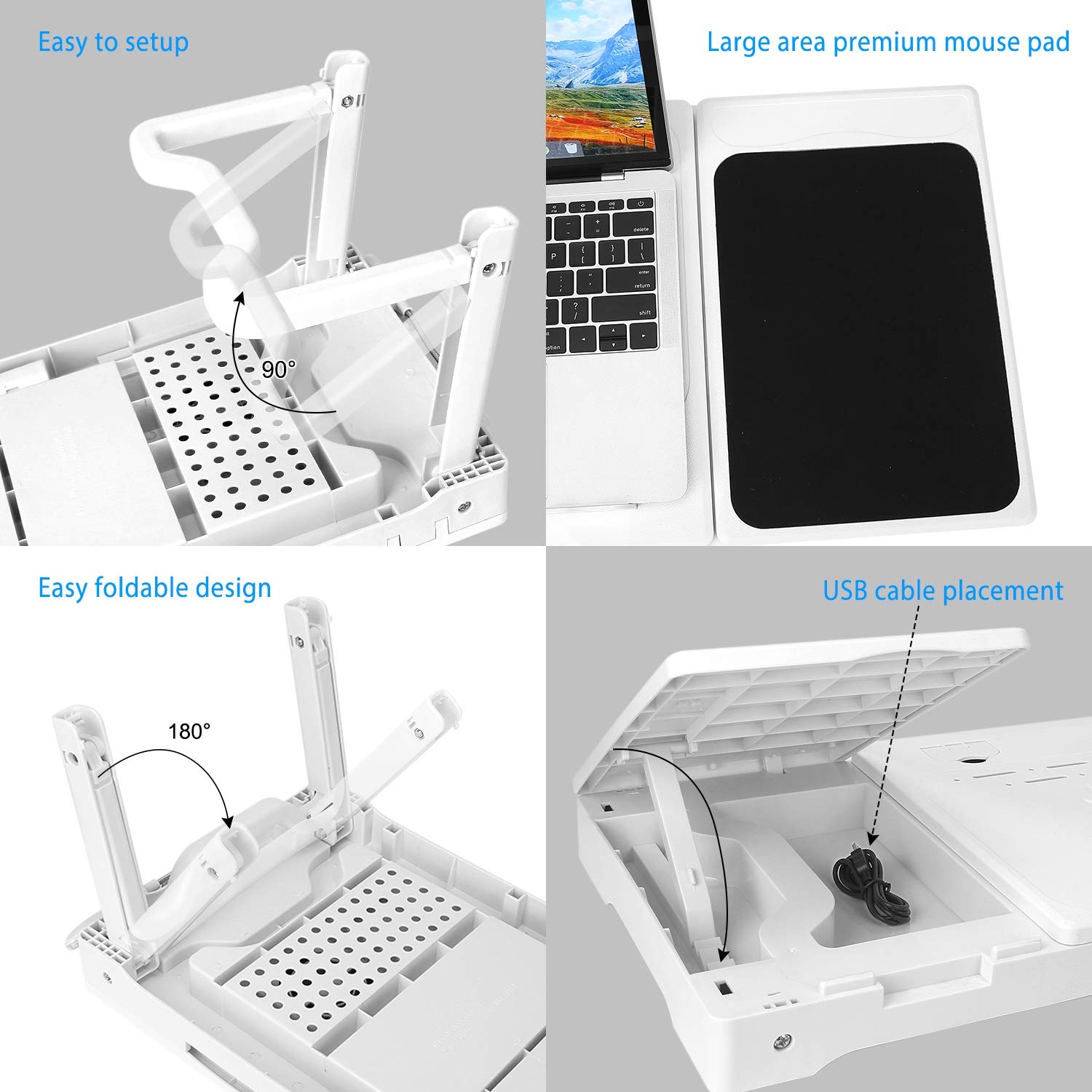 Adjustable Laptop Table for Bed with Cooling Fan - Portable Lap Desk with 4 USB Ports, Foldable Legs, LED Light & Mouse Pad - White - Perfect for Working, Studying or Watching Movies in Bed, Sofa or Couch