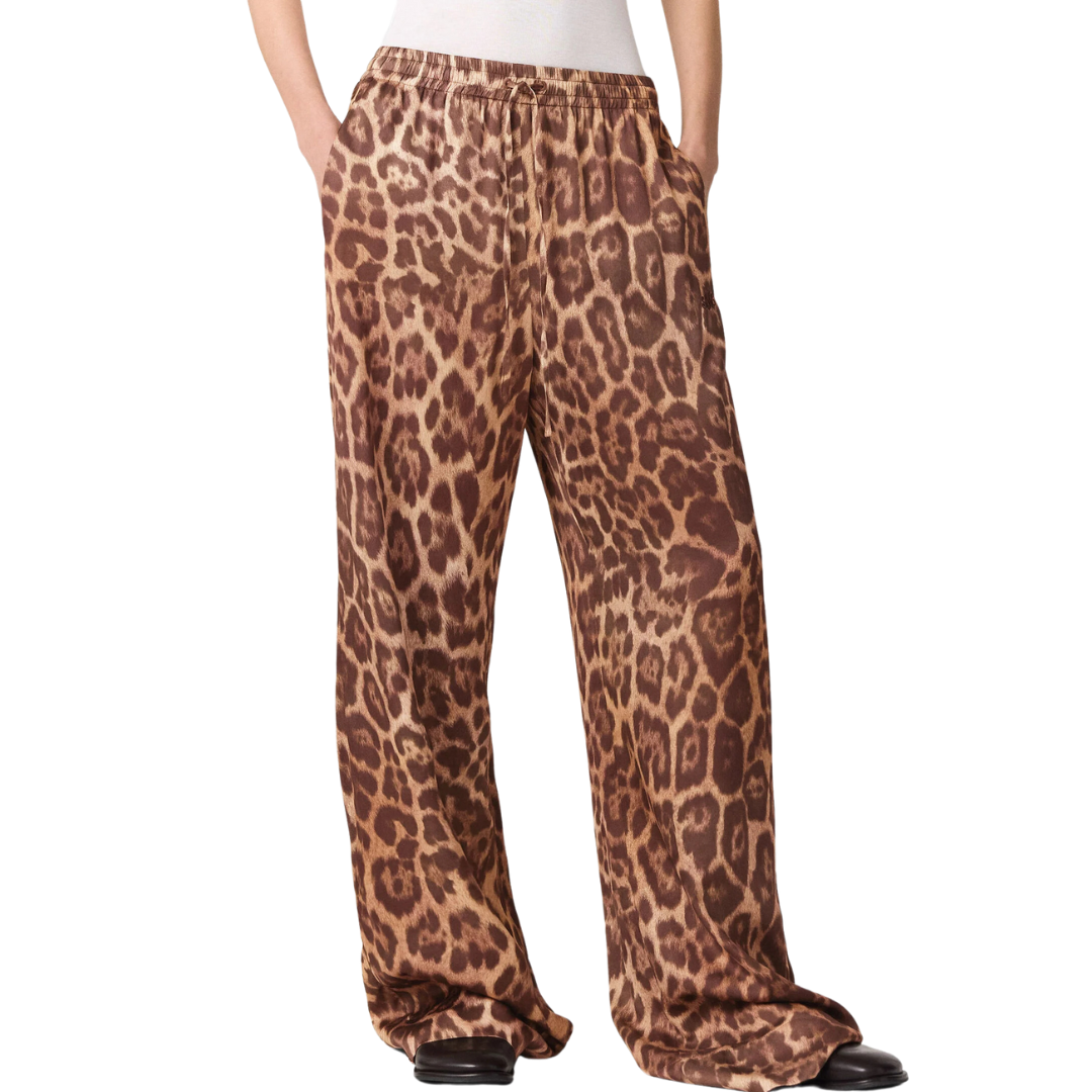 Leopard Print Silk Pants for Women - Elegant High Waist Wide Leg Trousers for Party, Office & Evening Wear