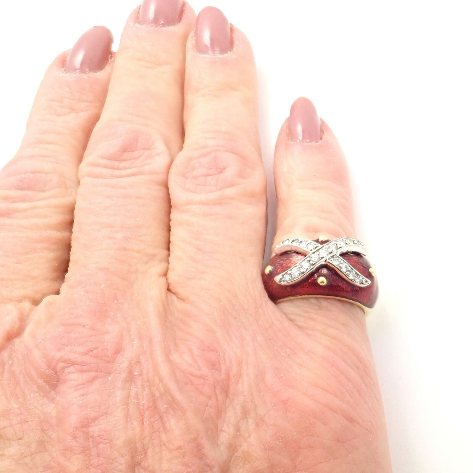 Authentic 18K Yellow Gold Red Enamel & Diamond Ring Size 5 - Elegant Hidalgo Jewelry for Weddings, Anniversaries & Special Occasions