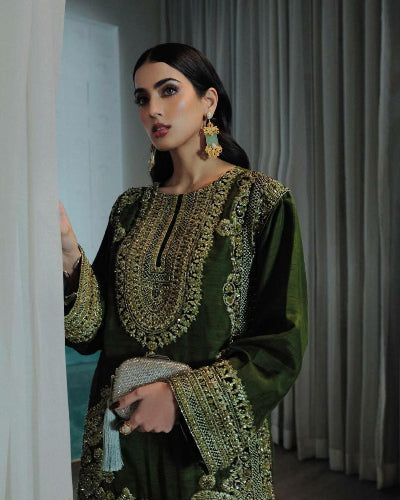 Olive Green Chinon Bell Sleeves Embroidered Palazzo Suit Set for Women | Elegant Boho Outfit for Party, Wedding & Special Occasions