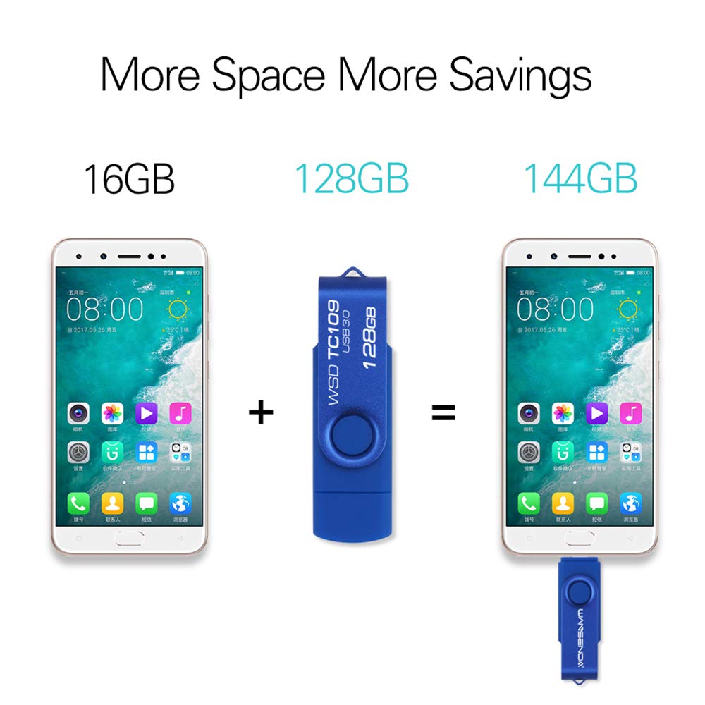 WANSENDA 128GB 3-in-1 USB Flash Drive OTG for Android/PC/Mac - Navy Blue