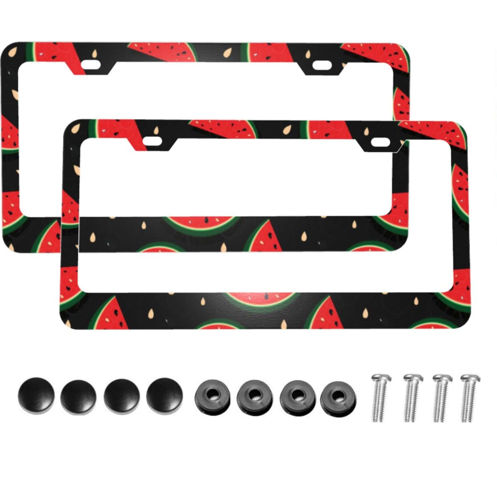 2pcs Matte Aluminum License Plate Frames with Black Screw Caps - Watermelon Fresh Slices Design, 2 Hole US Car License Plate Covers for Men & Women - Perfect for Customizing Your Vehicle's Look